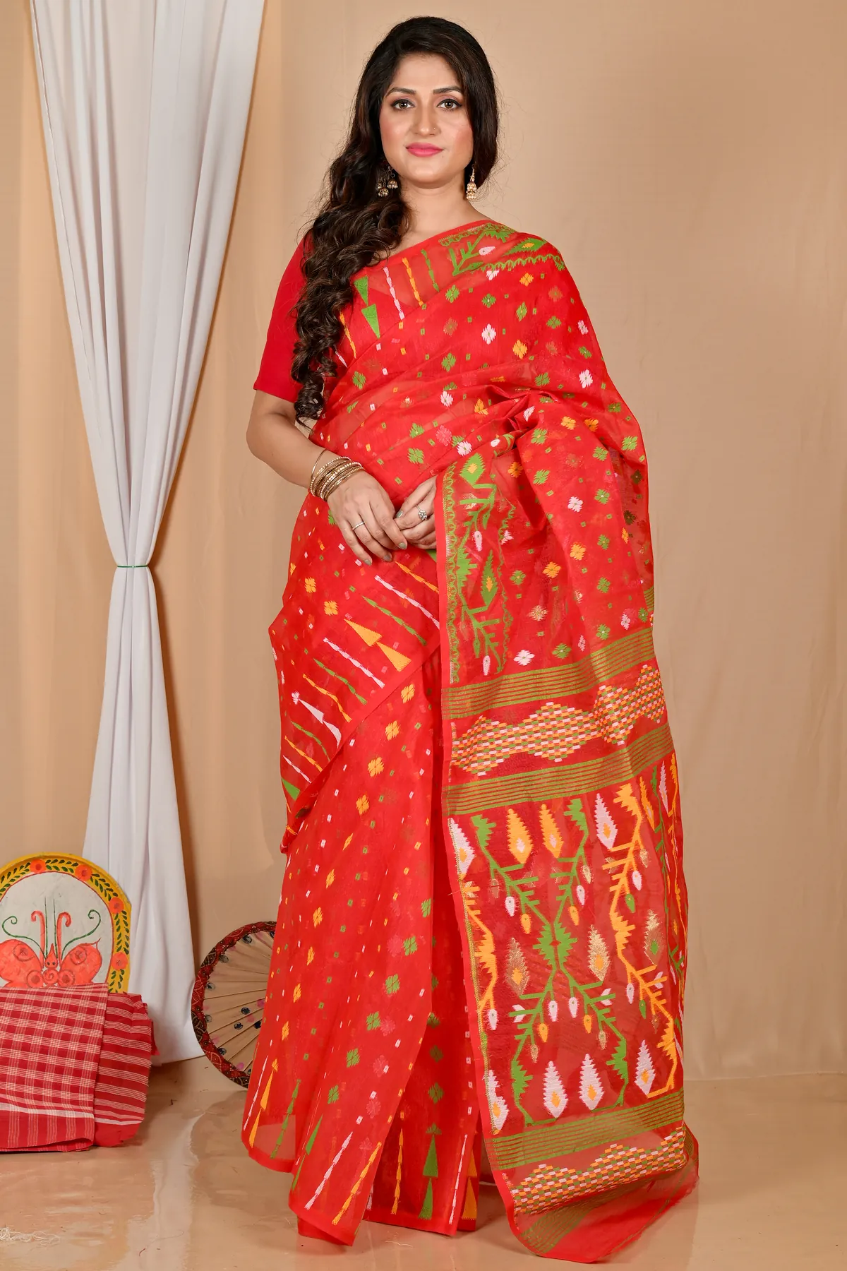 DipDiya Blended Cotton Red Rapkol Threads of Tradition Jamdani Sarees