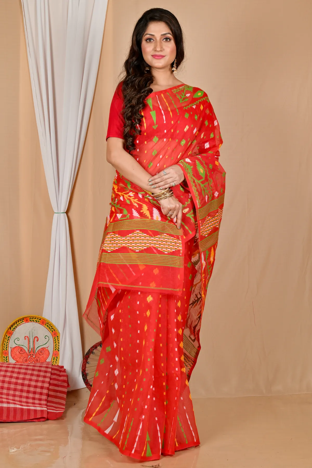 DipDiya Blended Cotton Red Rapkol Threads of Tradition Jamdani Sarees