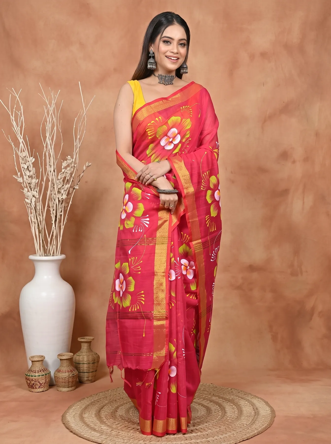 DipDiya Blended Cotton Red Samvi Heritage of Bengali Hand Painted Sarees