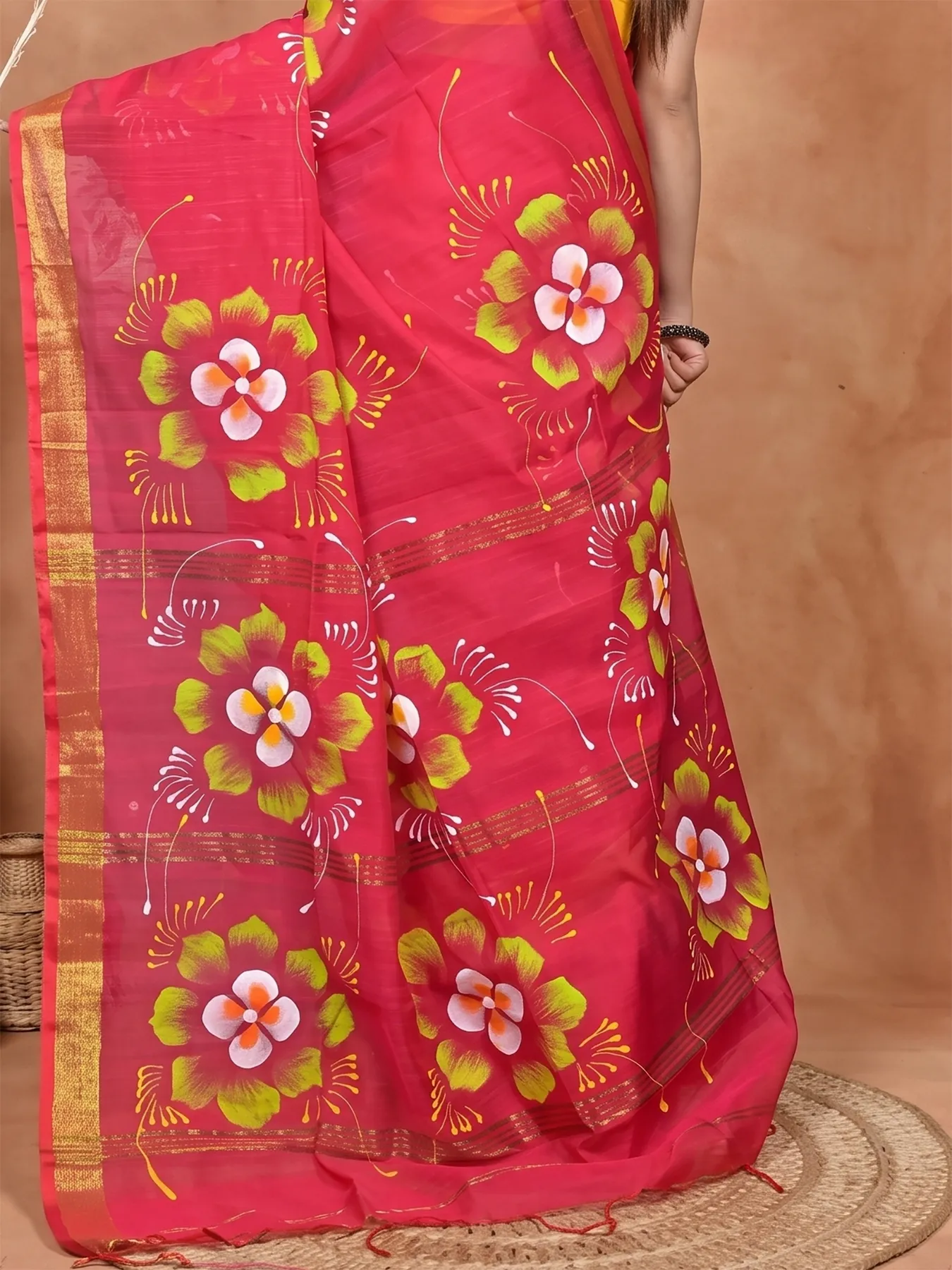 DipDiya Blended Cotton Red Samvi Heritage of Bengali Hand Painted Sarees