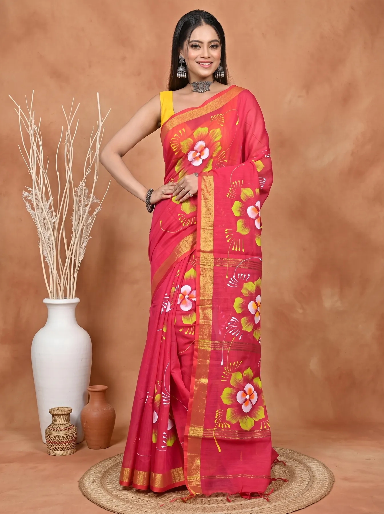 DipDiya Blended Cotton Red Samvi Heritage of Bengali Hand Painted Sarees