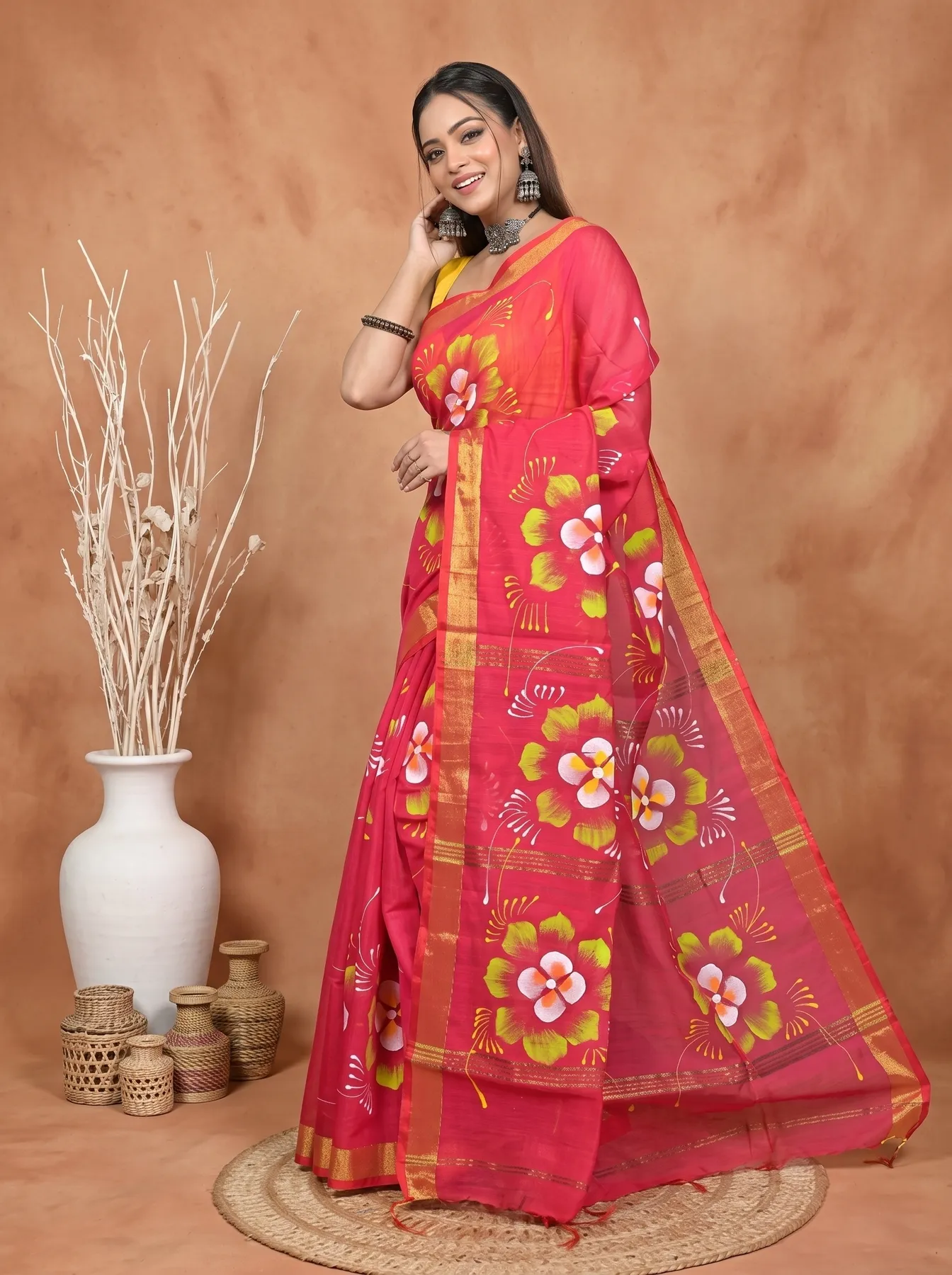 DipDiya Blended Cotton Red Samvi Heritage of Bengali Hand Painted Sarees