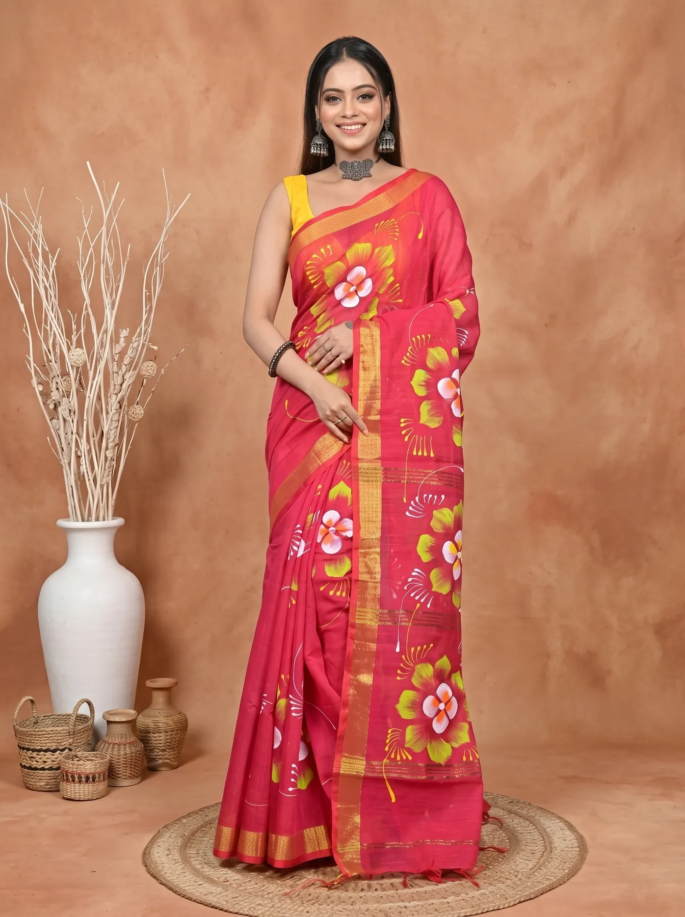 DipDiya Blended Cotton Red Samvi Heritage of Bengali Hand Painted Sarees