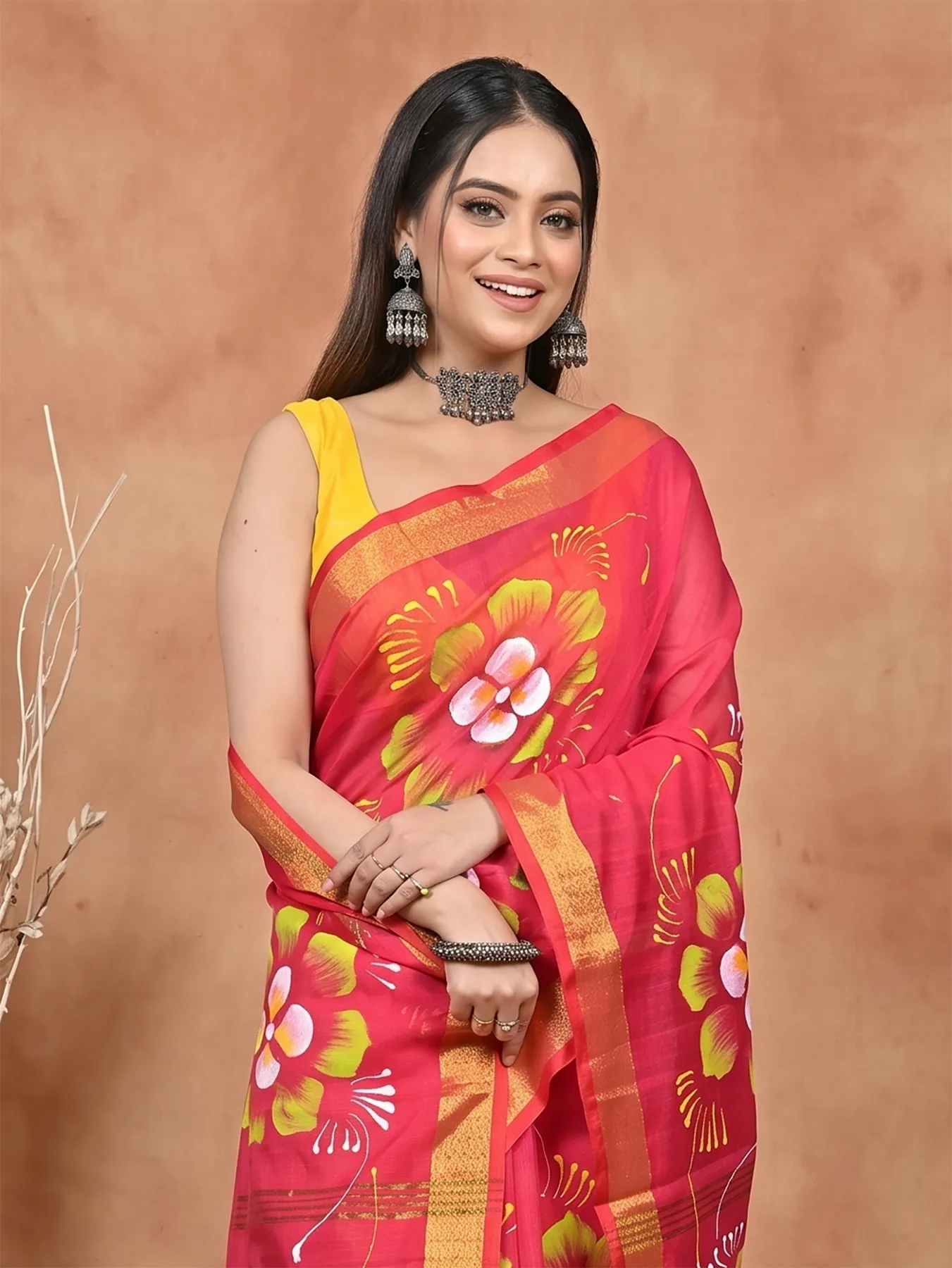 DipDiya Blended Cotton Red Samvi Heritage of Bengali Hand Painted Sarees
