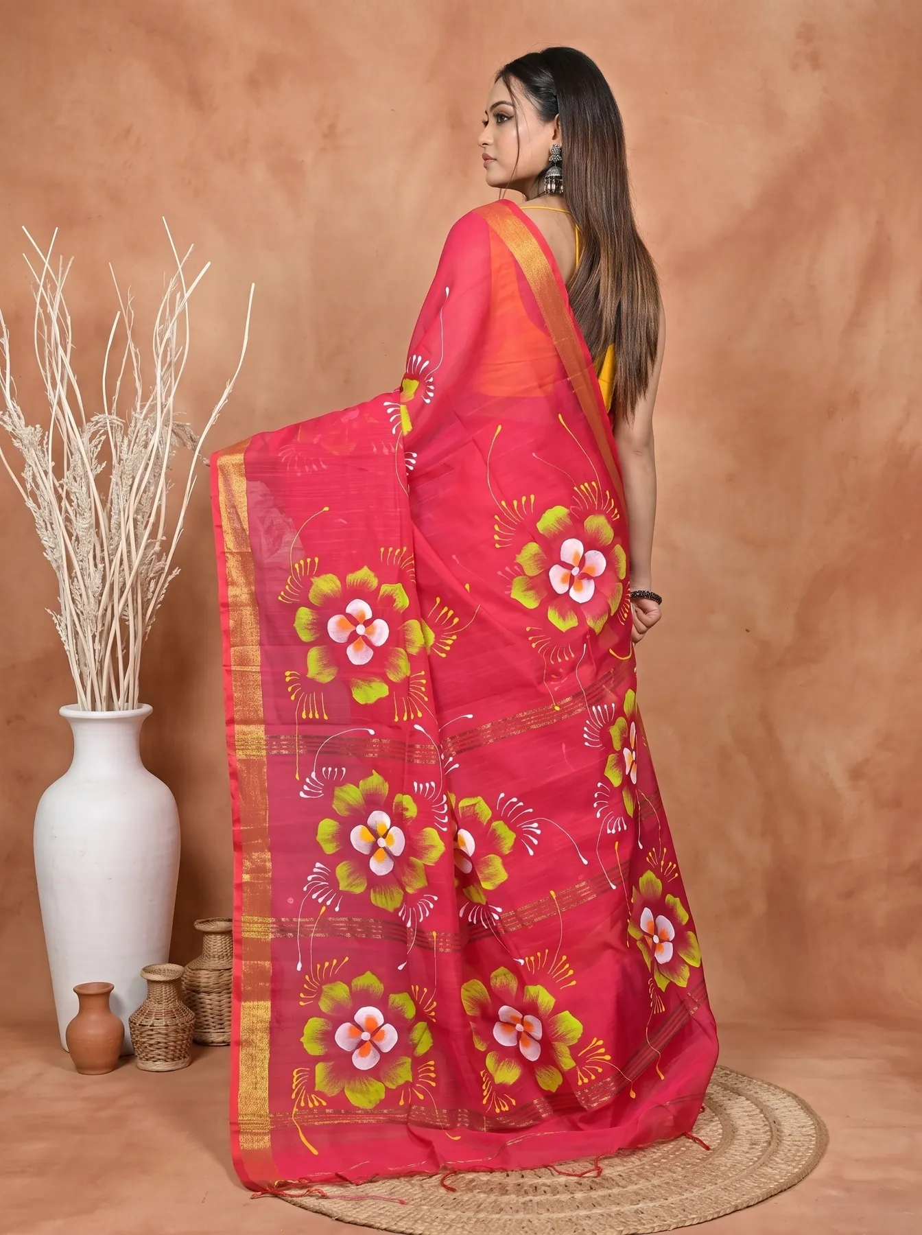 DipDiya Blended Cotton Red Samvi Heritage of Bengali Hand Painted Sarees