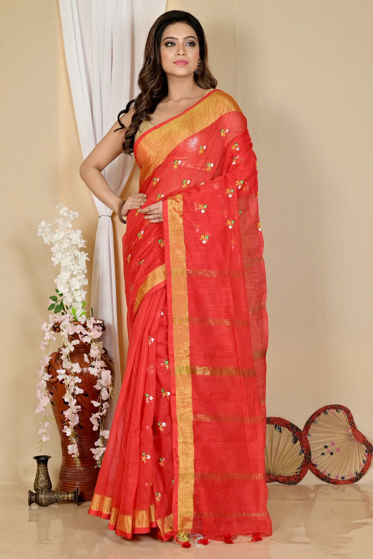 DipDiya Blended Cotton Red Slabaka Moli Bengal in Every Thread Handloom Sarees