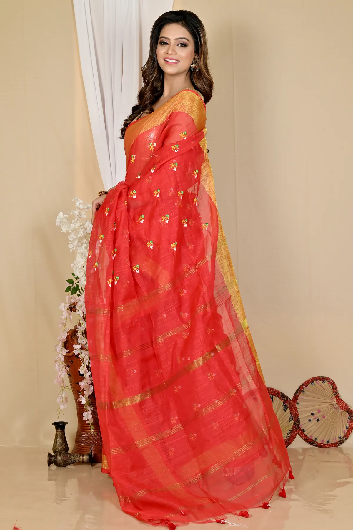 DipDiya Blended Cotton Red Slabaka Moli Bengal in Every Thread Handloom Sarees
