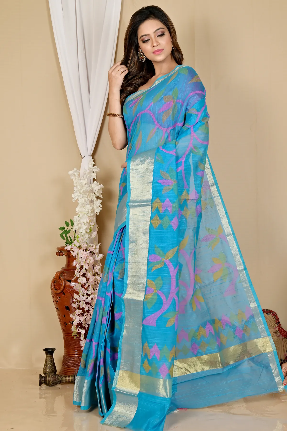 DipDiya Blended Cotton See Blue Narento Woven by Hand Handloom Sarees