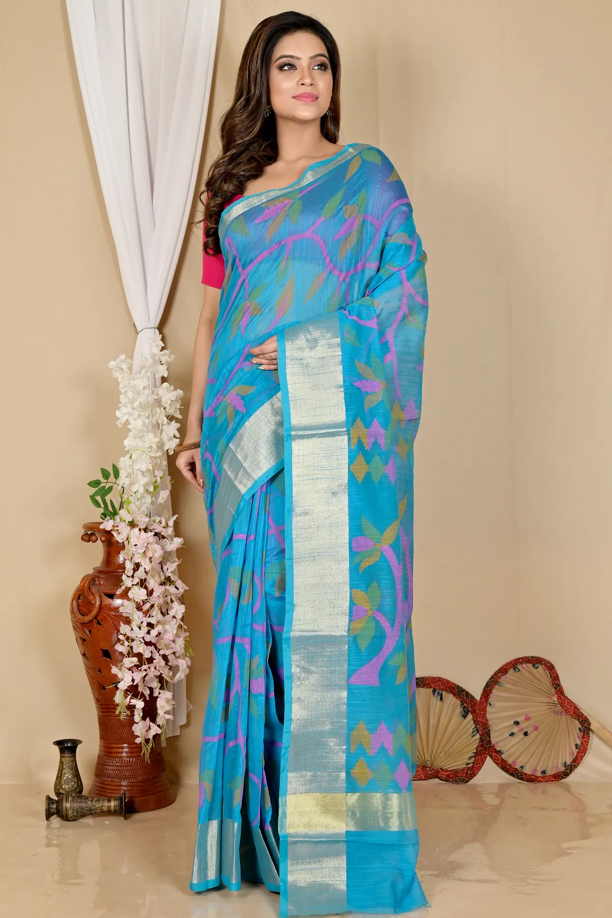 DipDiya Blended Cotton See Blue Narento Woven by Hand Handloom Sarees