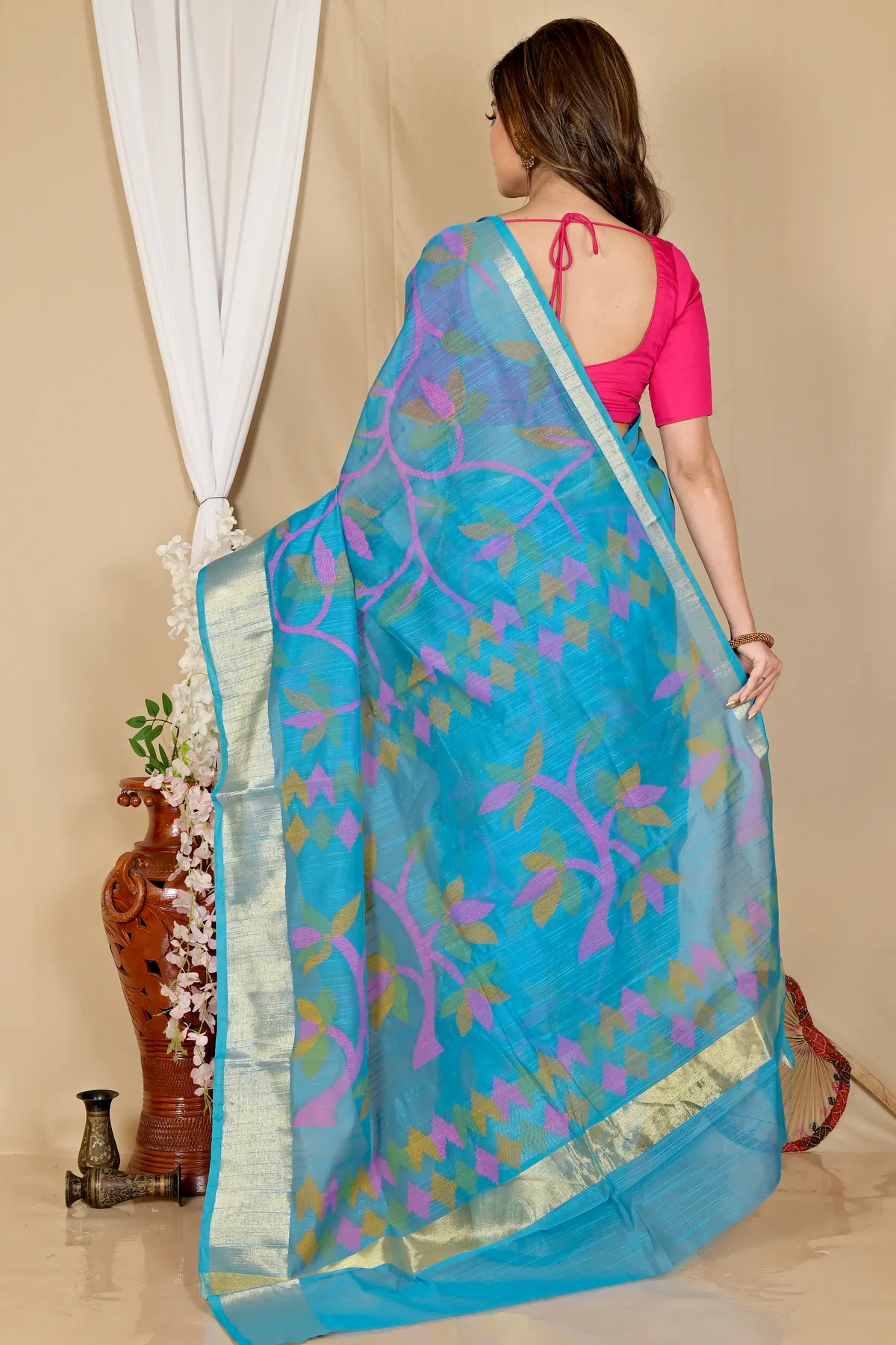 DipDiya Blended Cotton See Blue Narento Woven by Hand Handloom Sarees