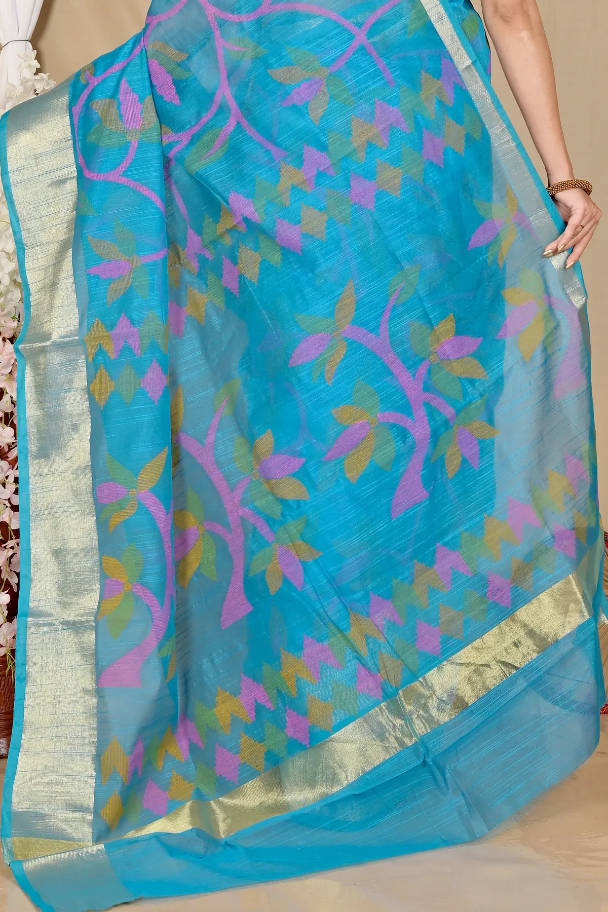 DipDiya Blended Cotton See Blue Narento Woven by Hand Handloom Sarees