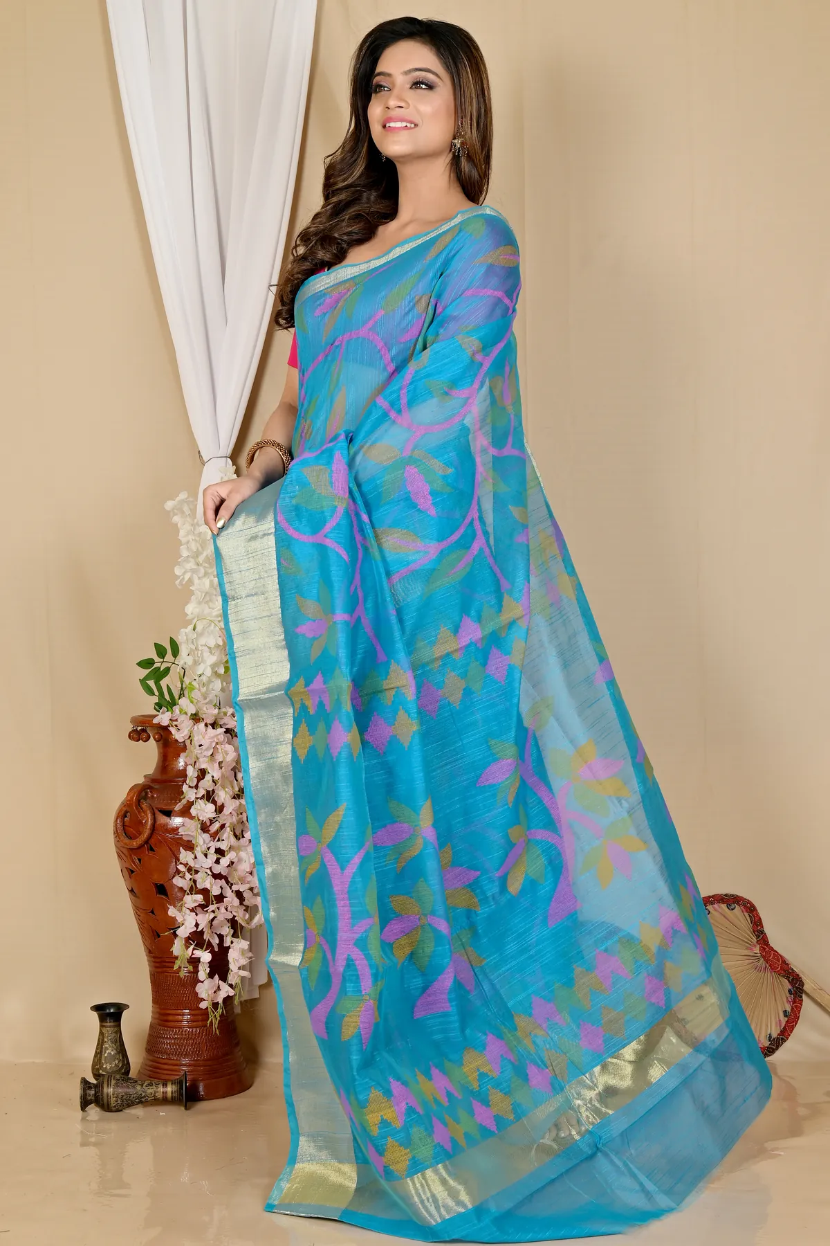 DipDiya Blended Cotton See Blue Narento Woven by Hand Handloom Sarees