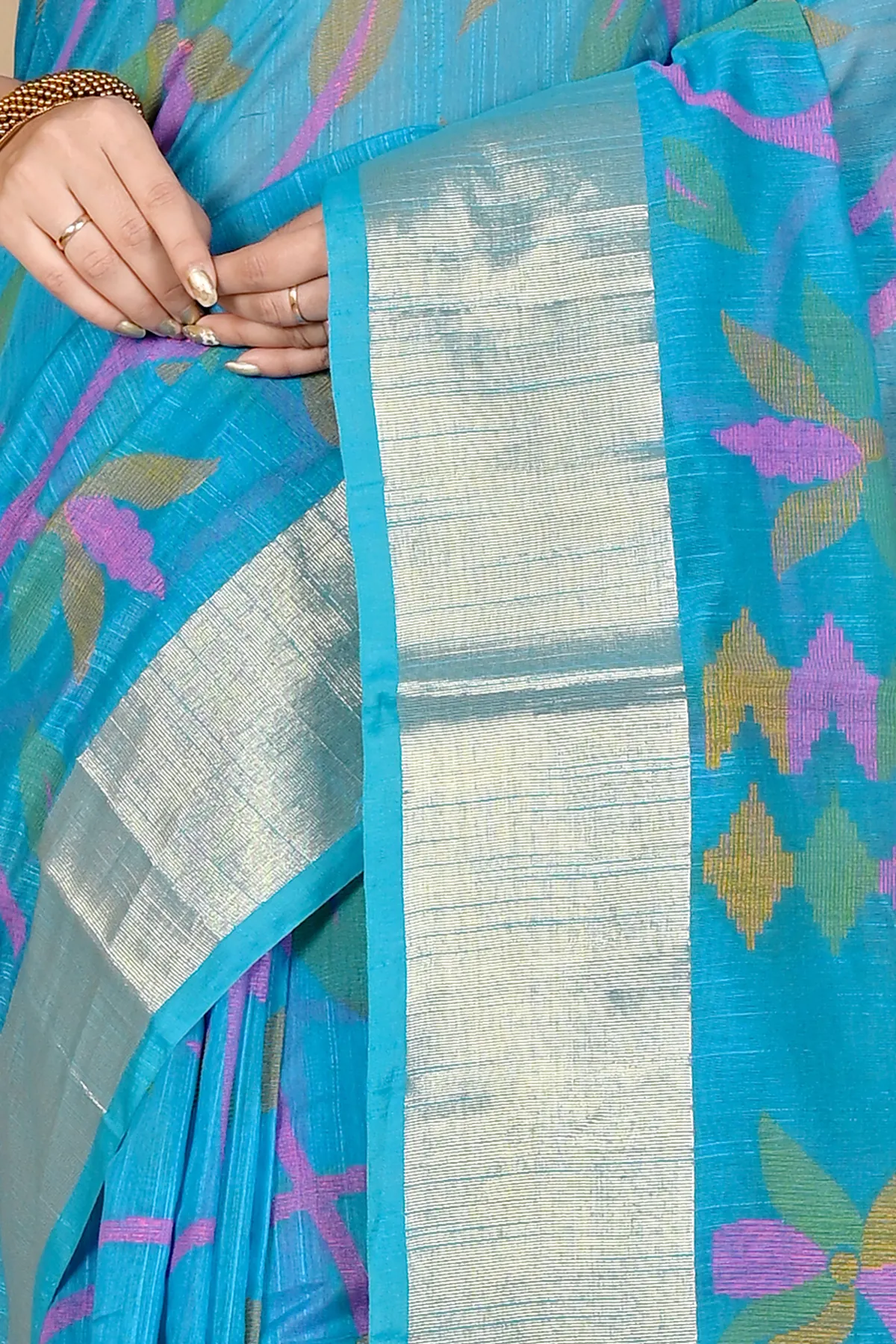 DipDiya Blended Cotton See Blue Narento Woven by Hand Handloom Sarees