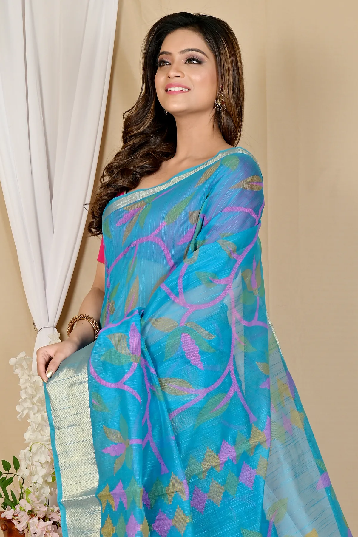 DipDiya Blended Cotton See Blue Narento Woven by Hand Handloom Sarees