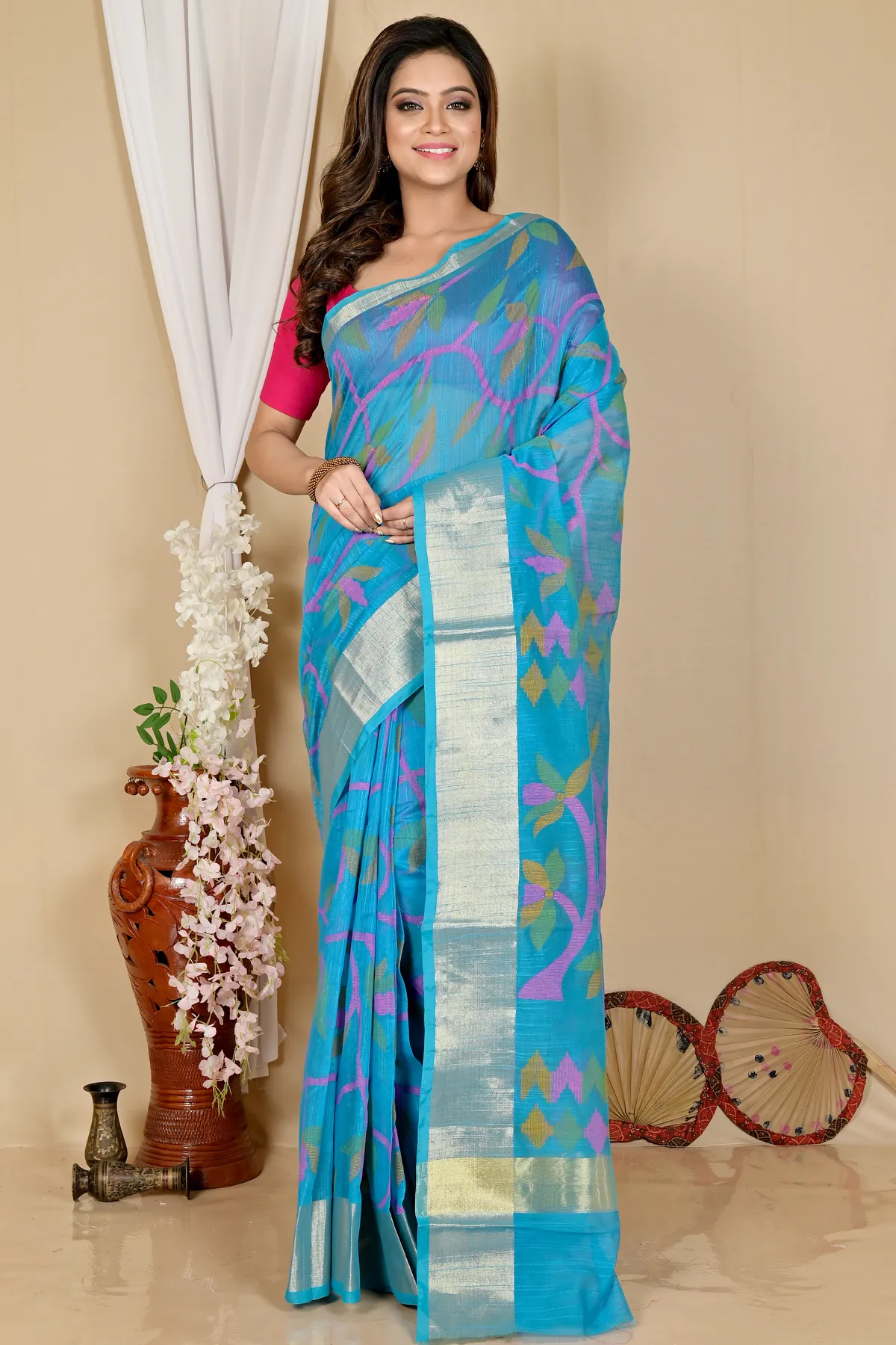 DipDiya Blended Cotton See Blue Narento Woven by Hand Handloom Sarees