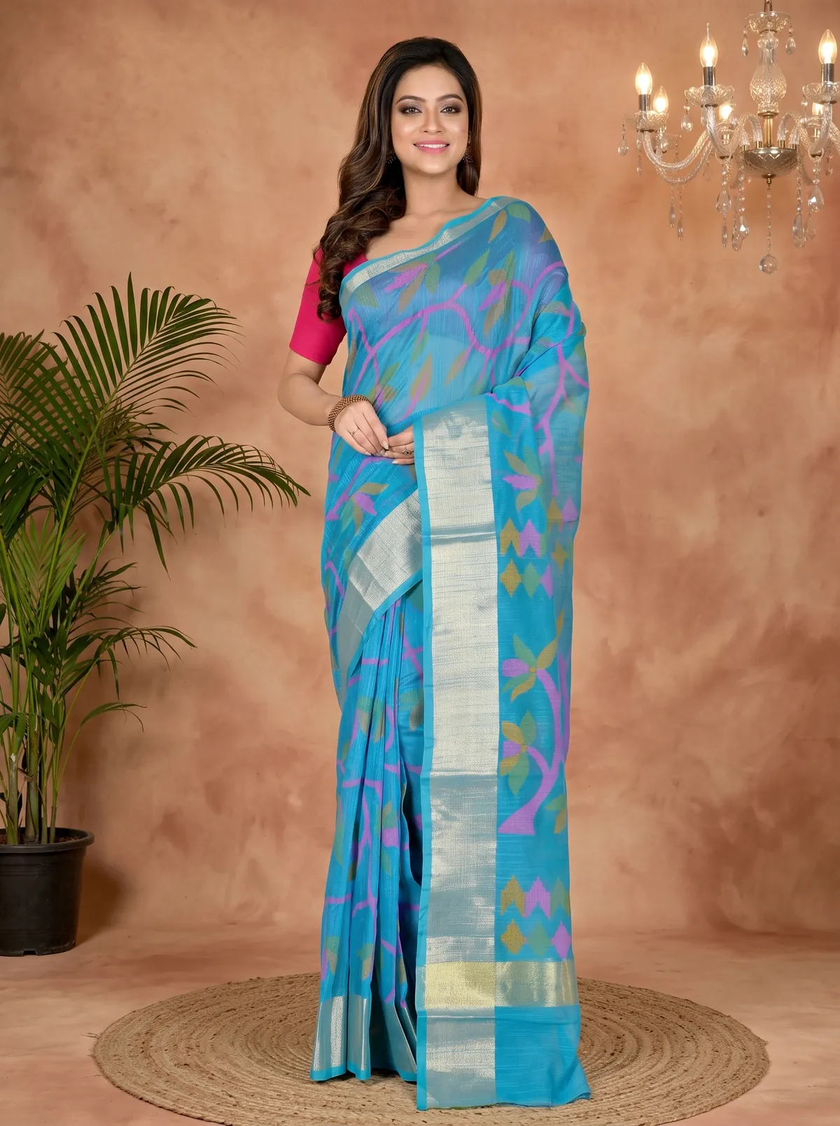 DipDiya Blended Cotton See Blue Narento Woven by Hand Handloom Sarees