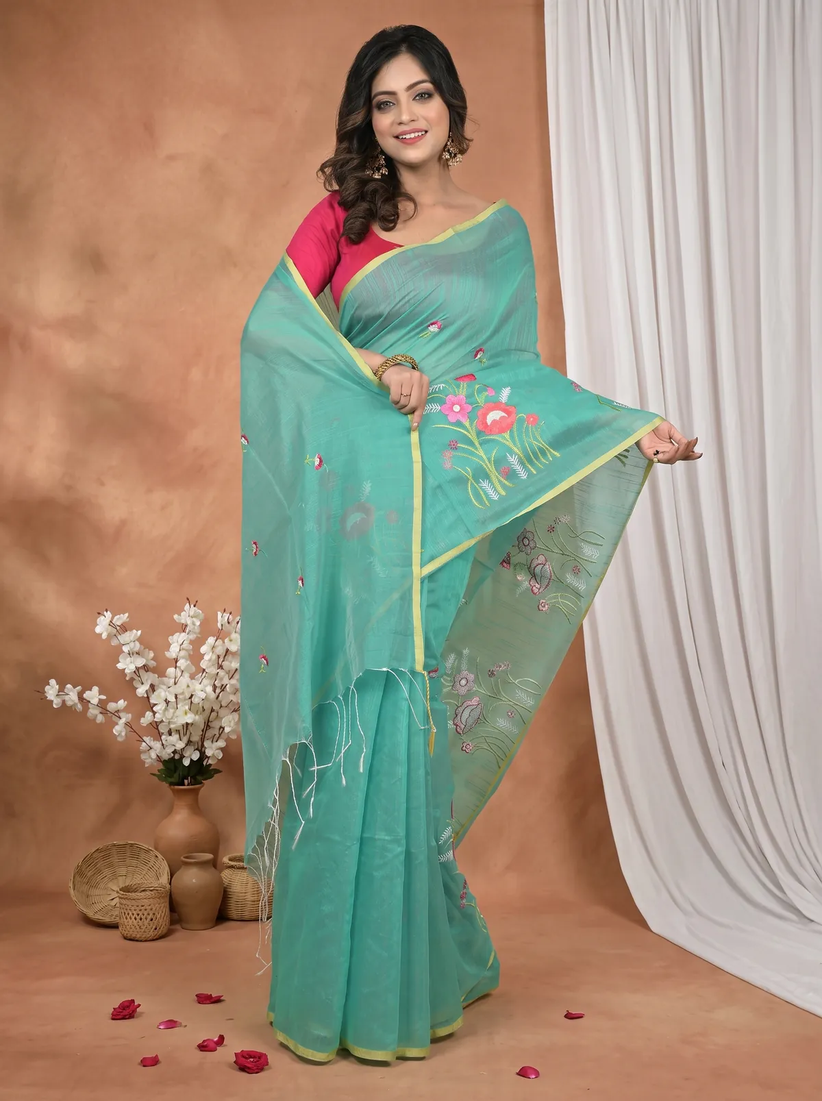DipDiya Blended Cotton See Green Himika Bengal in Every Thread Embroidery Handloom sarees