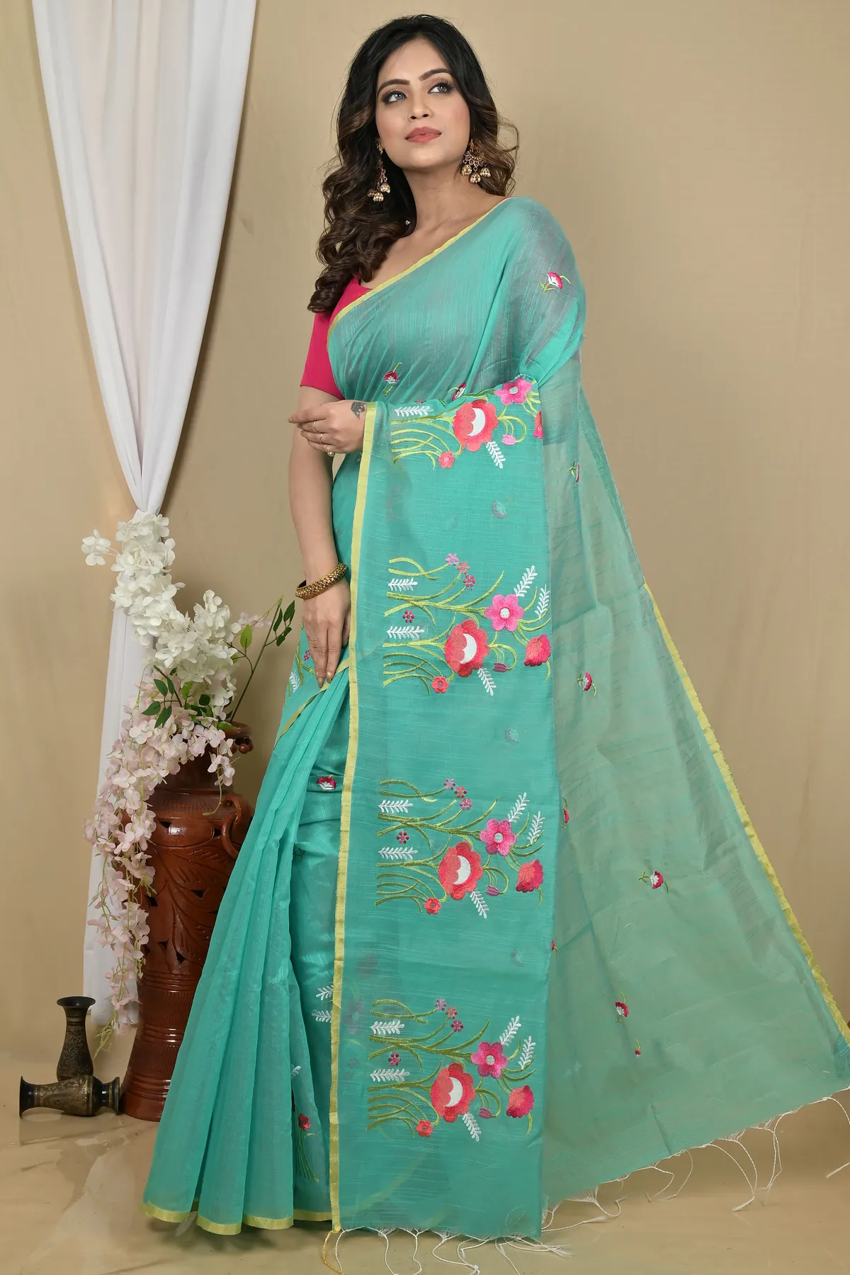 DipDiya Blended Cotton See Green Himika Bengal in Every Thread Embroidery Handloom sarees