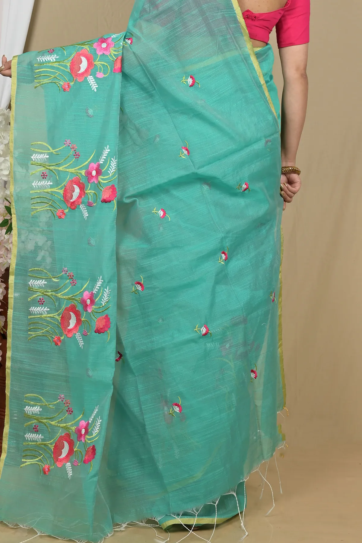 DipDiya Blended Cotton See Green Himika Bengal in Every Thread Embroidery Handloom sarees