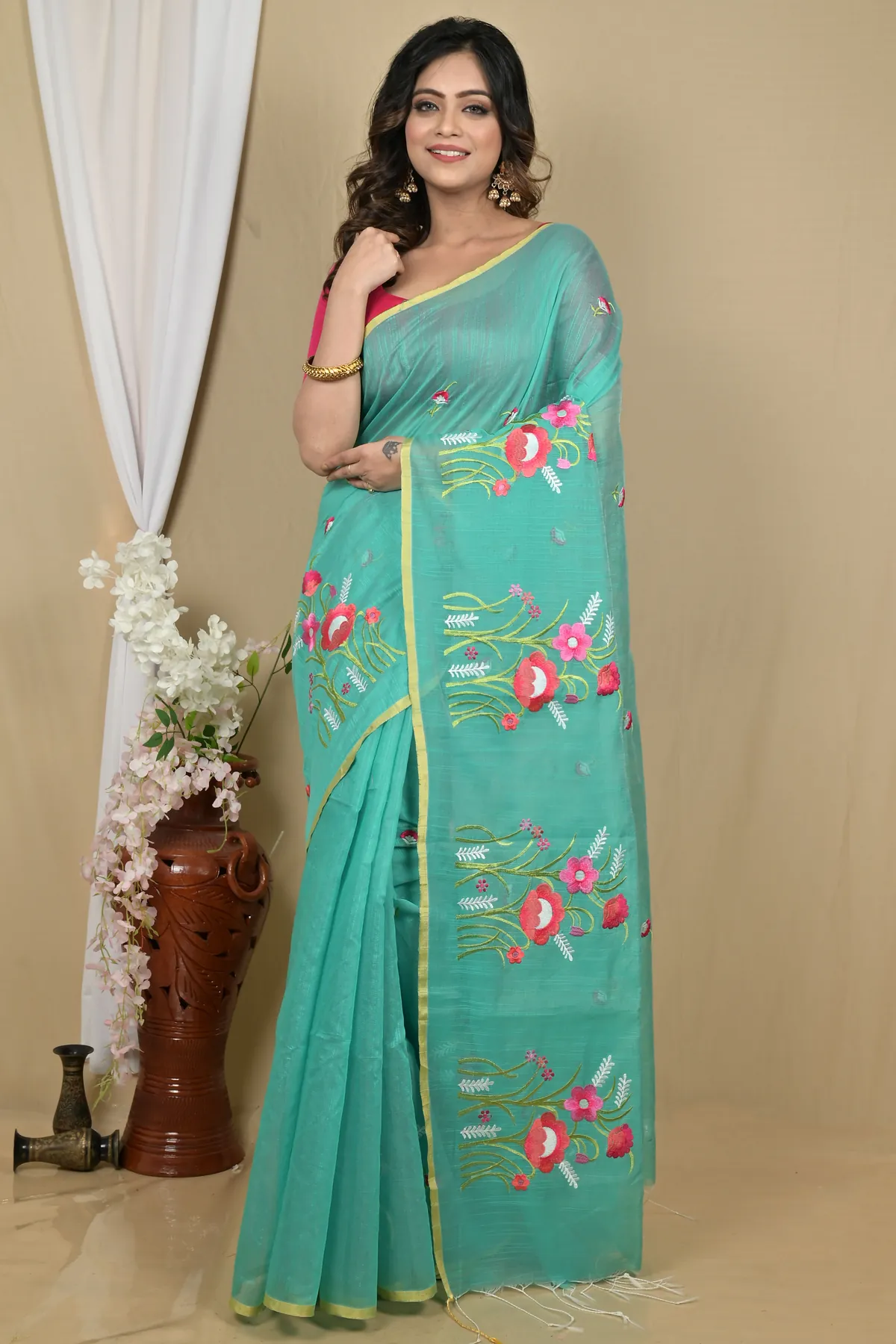 DipDiya Blended Cotton See Green Himika Bengal in Every Thread Embroidery Handloom sarees