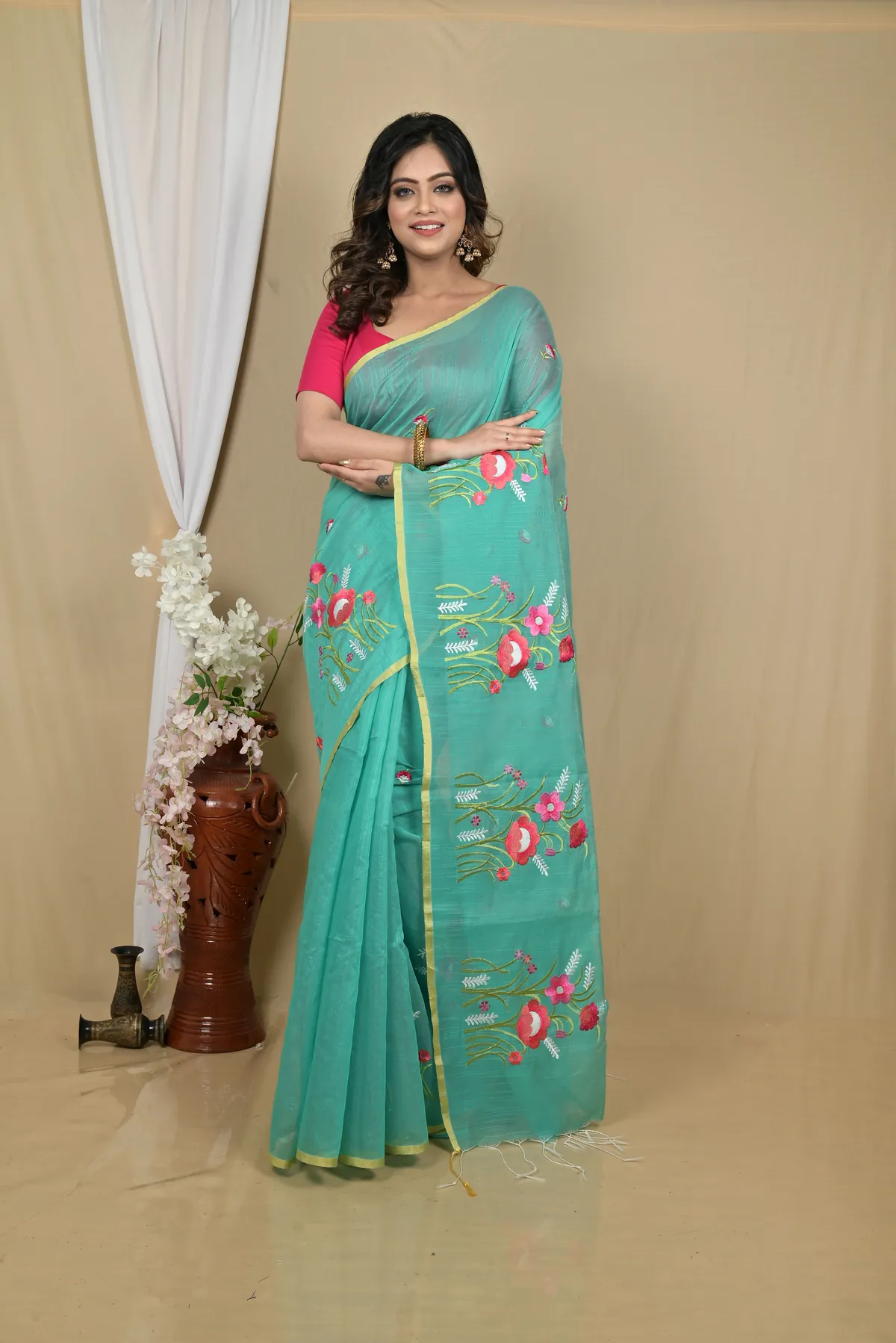 DipDiya Blended Cotton See Green Himika Bengal in Every Thread Embroidery Handloom sarees