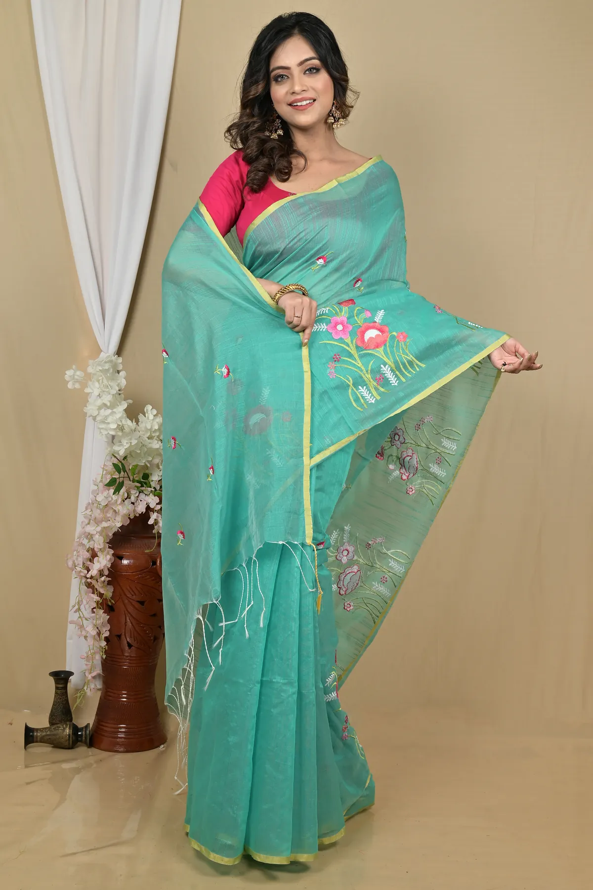 DipDiya Blended Cotton See Green Himika Bengal in Every Thread Embroidery Handloom sarees