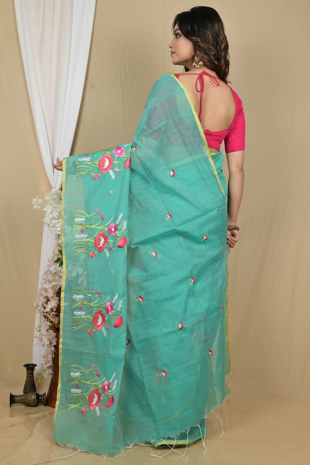 DipDiya Blended Cotton See Green Himika Bengal in Every Thread Embroidery Handloom sarees