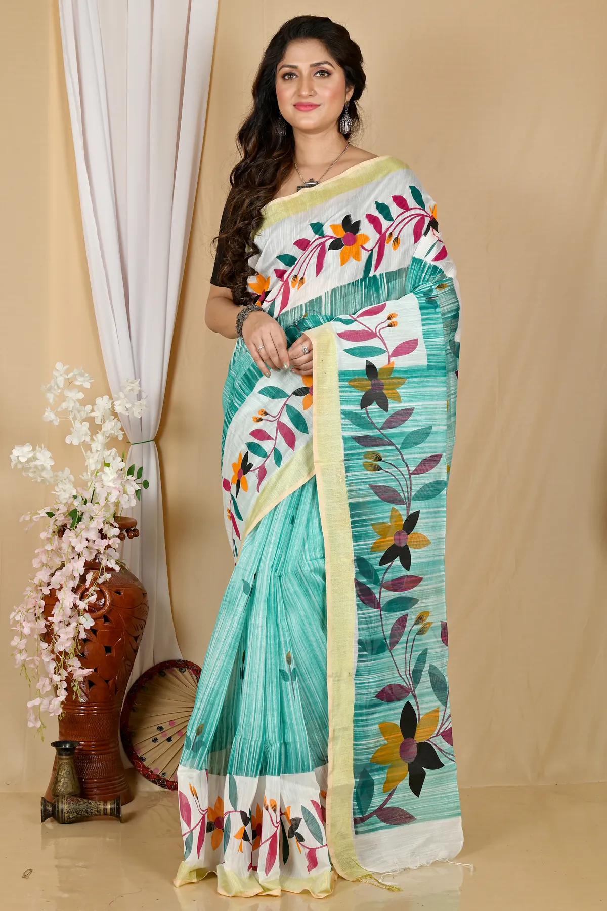 DipDiya Blended Cotton See Green Korel Grace of Bengal Printed Handloom Sarees