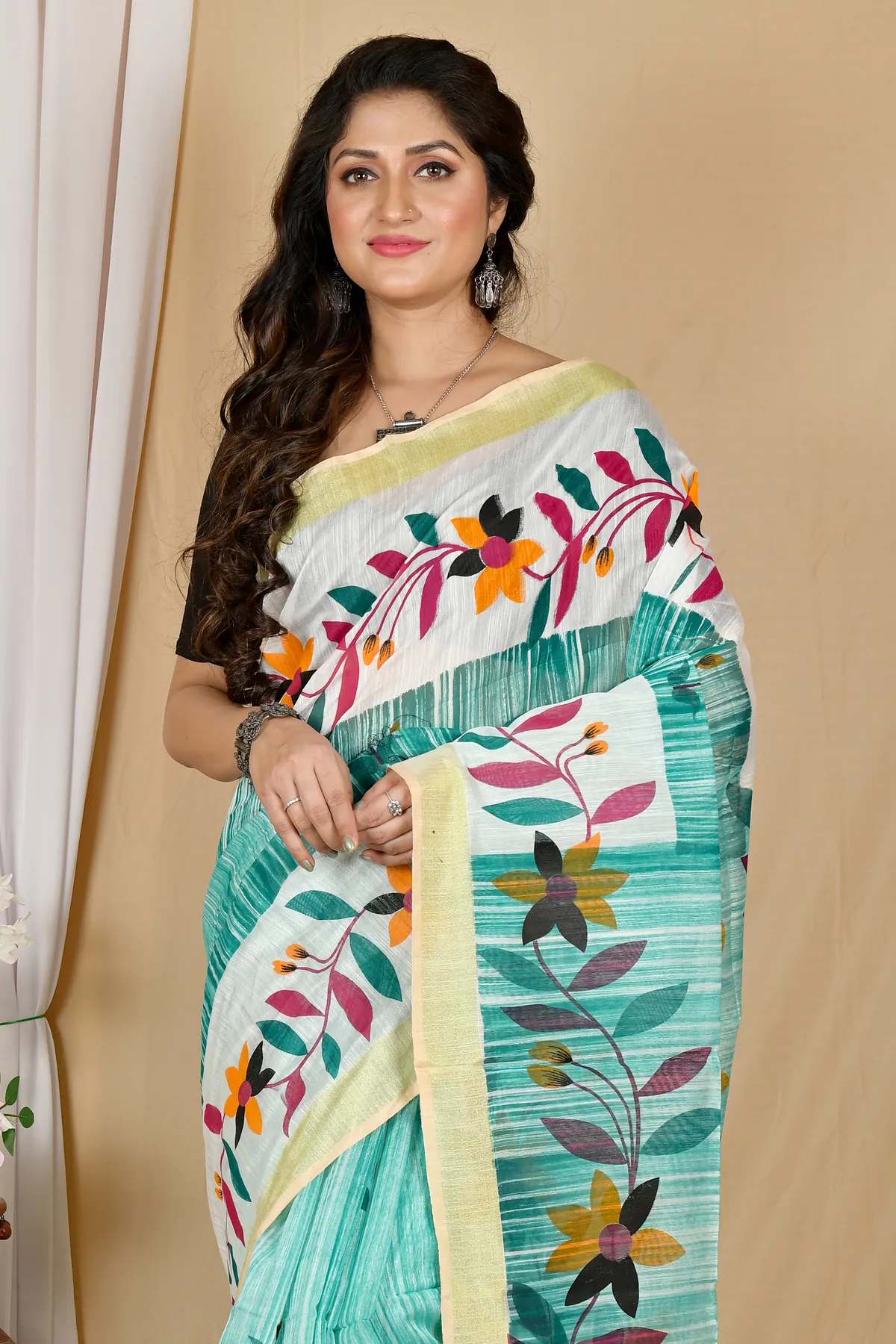 DipDiya Blended Cotton See Green Korel Grace of Bengal Printed Handloom Sarees