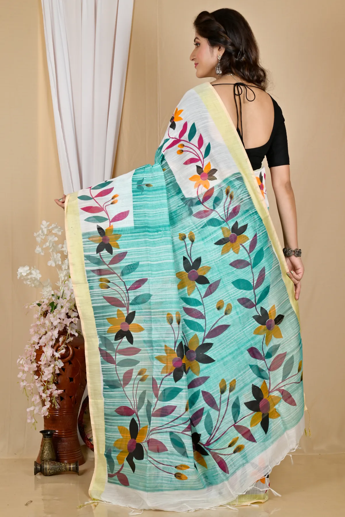 DipDiya Blended Cotton See Green Korel Grace of Bengal Printed Handloom Sarees