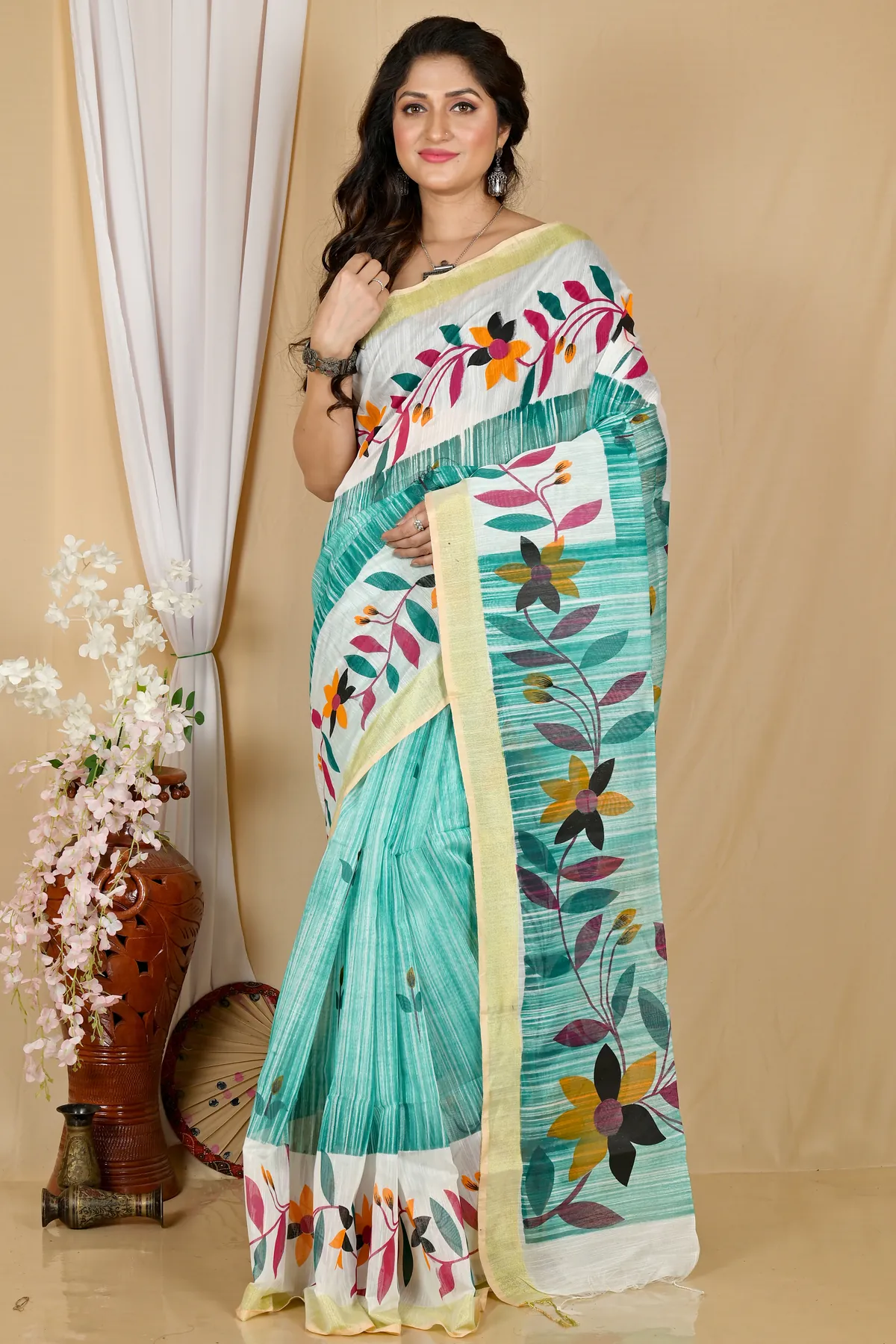 DipDiya Blended Cotton See Green Korel Grace of Bengal Printed Handloom Sarees