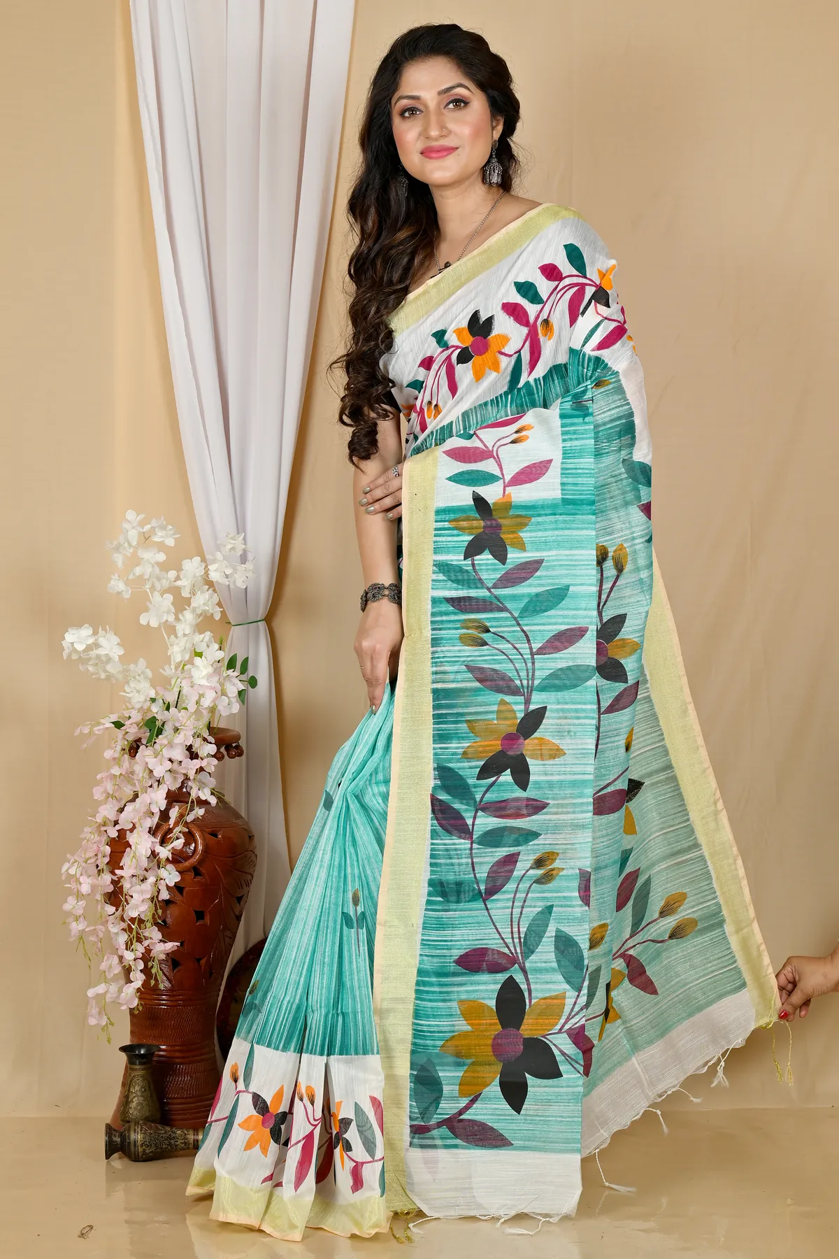 DipDiya Blended Cotton See Green Korel Grace of Bengal Printed Handloom Sarees
