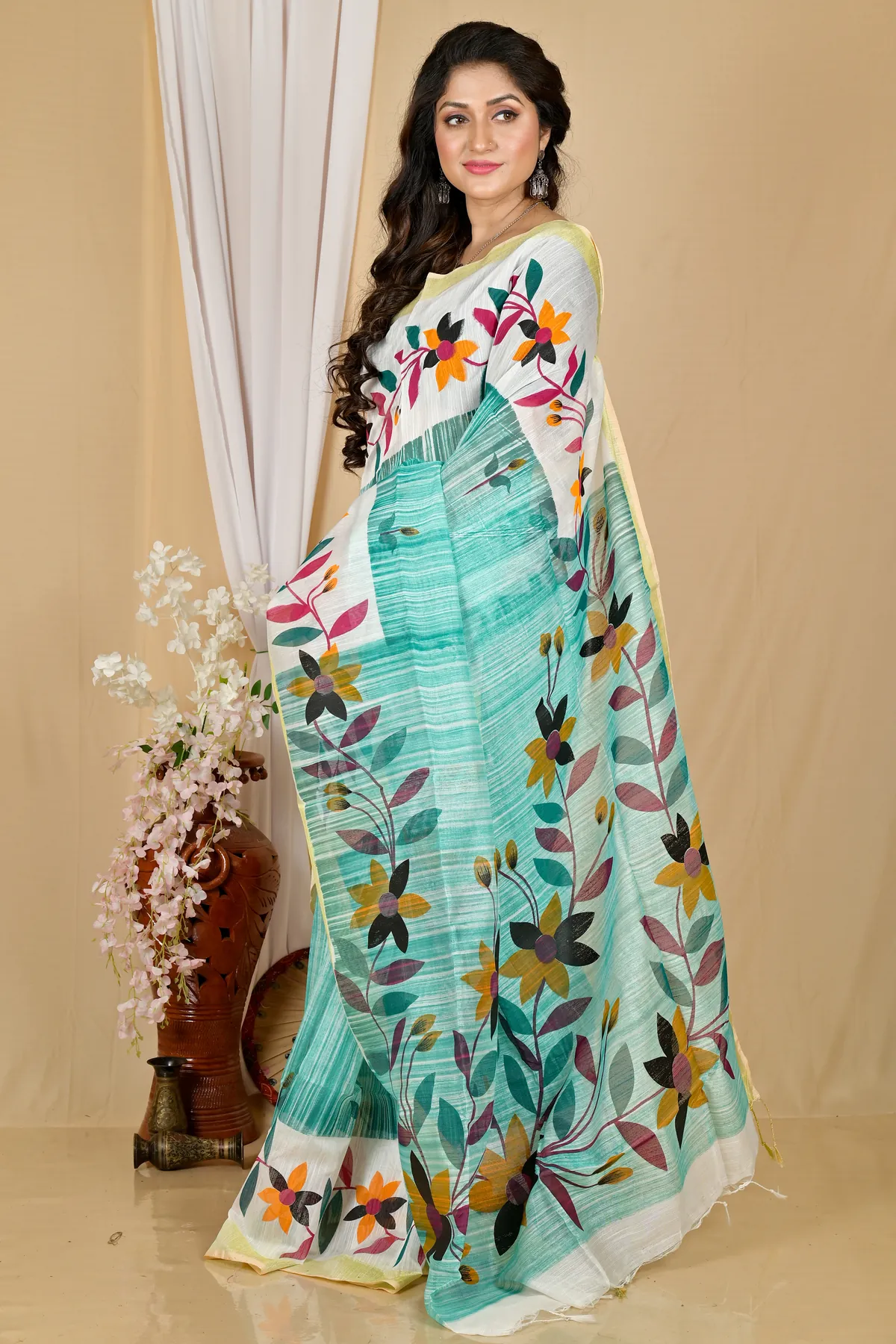 DipDiya Blended Cotton See Green Korel Grace of Bengal Printed Handloom Sarees