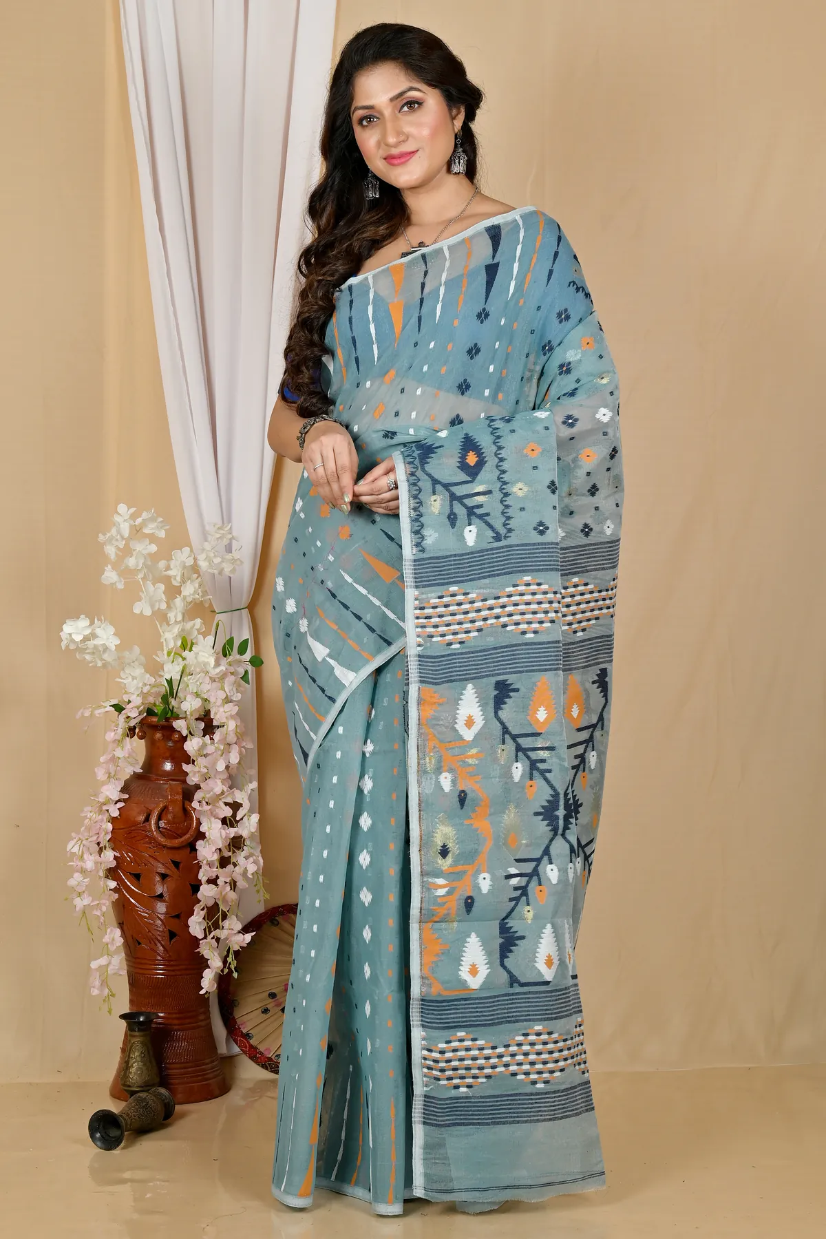 DipDiya Blended Cotton See Green Rapkol Timeless Bengal Jamdani Sarees