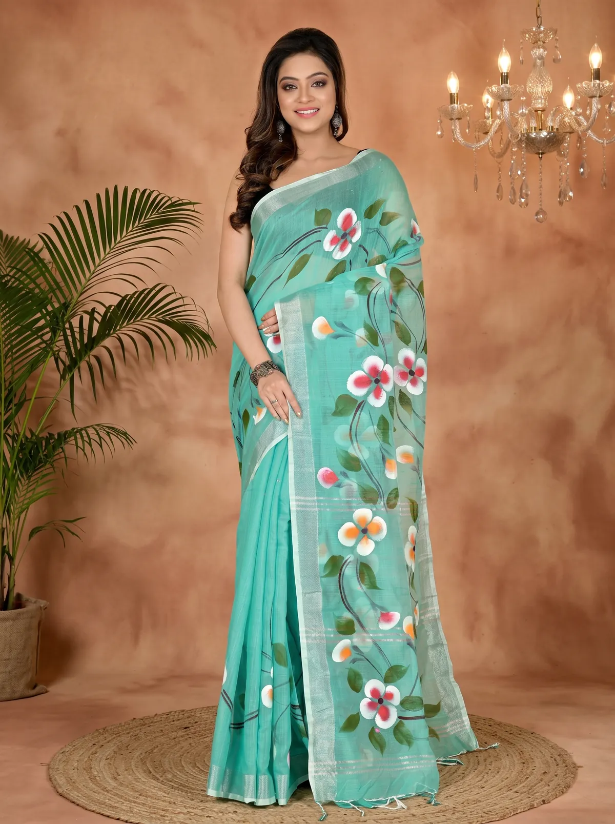 DipDiya Blended Cotton See Green Tanikato Masterfully Woven Hand Painted Sarees