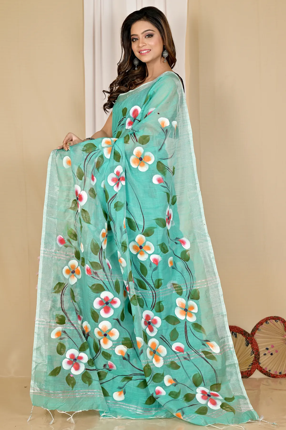 DipDiya Blended Cotton See Green Tanikato Masterfully Woven Hand Painted Sarees