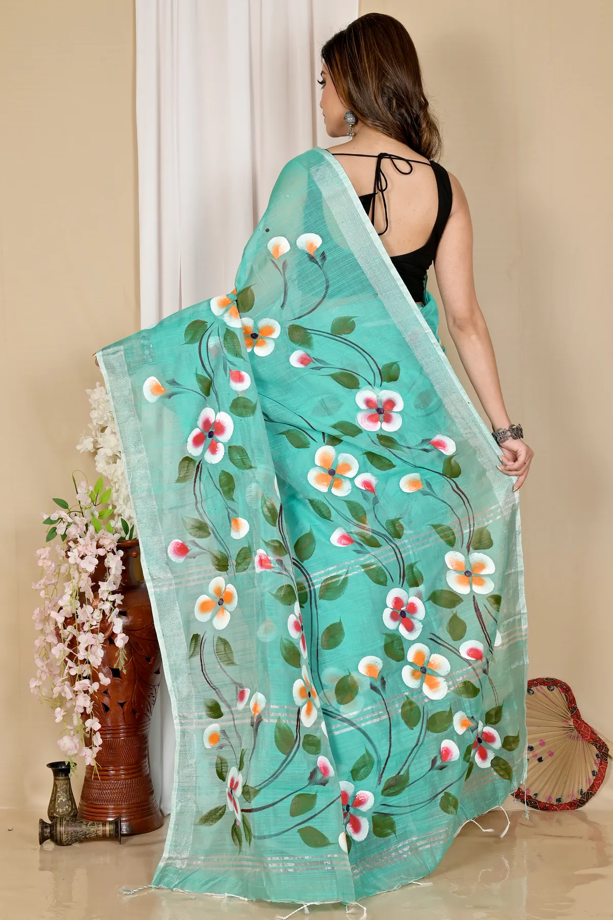 DipDiya Blended Cotton See Green Tanikato Masterfully Woven Hand Painted Sarees