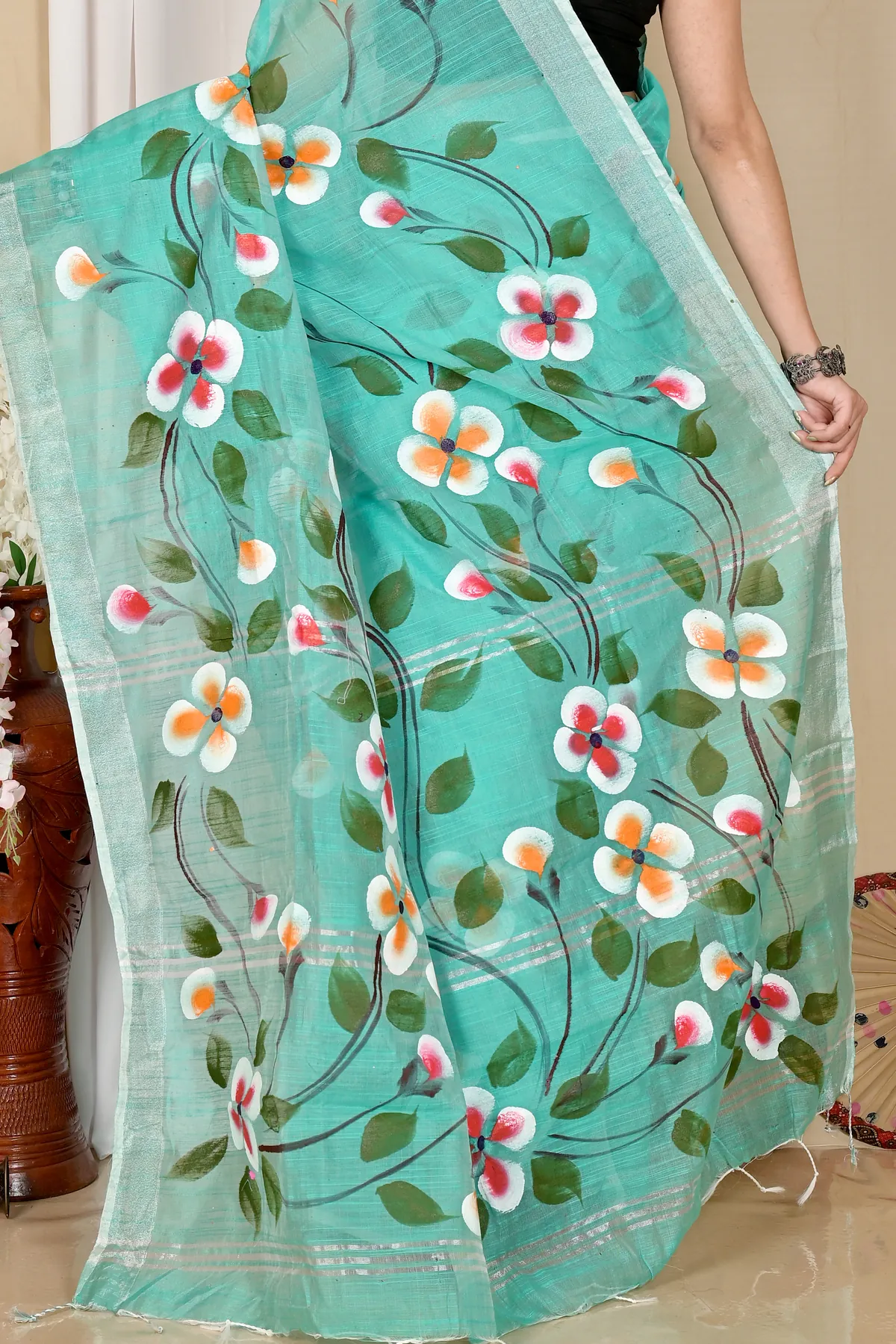 DipDiya Blended Cotton See Green Tanikato Masterfully Woven Hand Painted Sarees