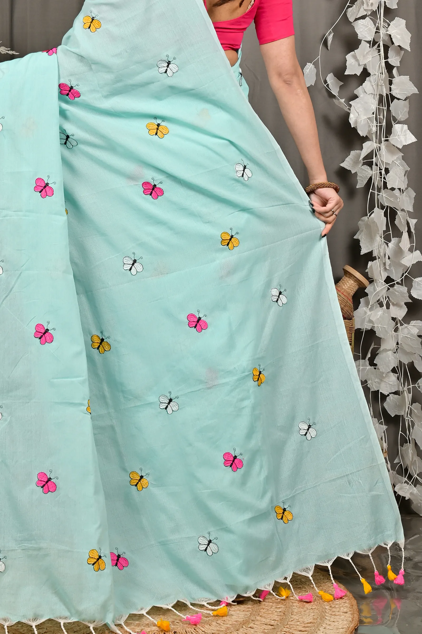 DipDiya Blended Cotton Sky Blue Foyeli Rooted in Bengal Embroidery Handloom sarees