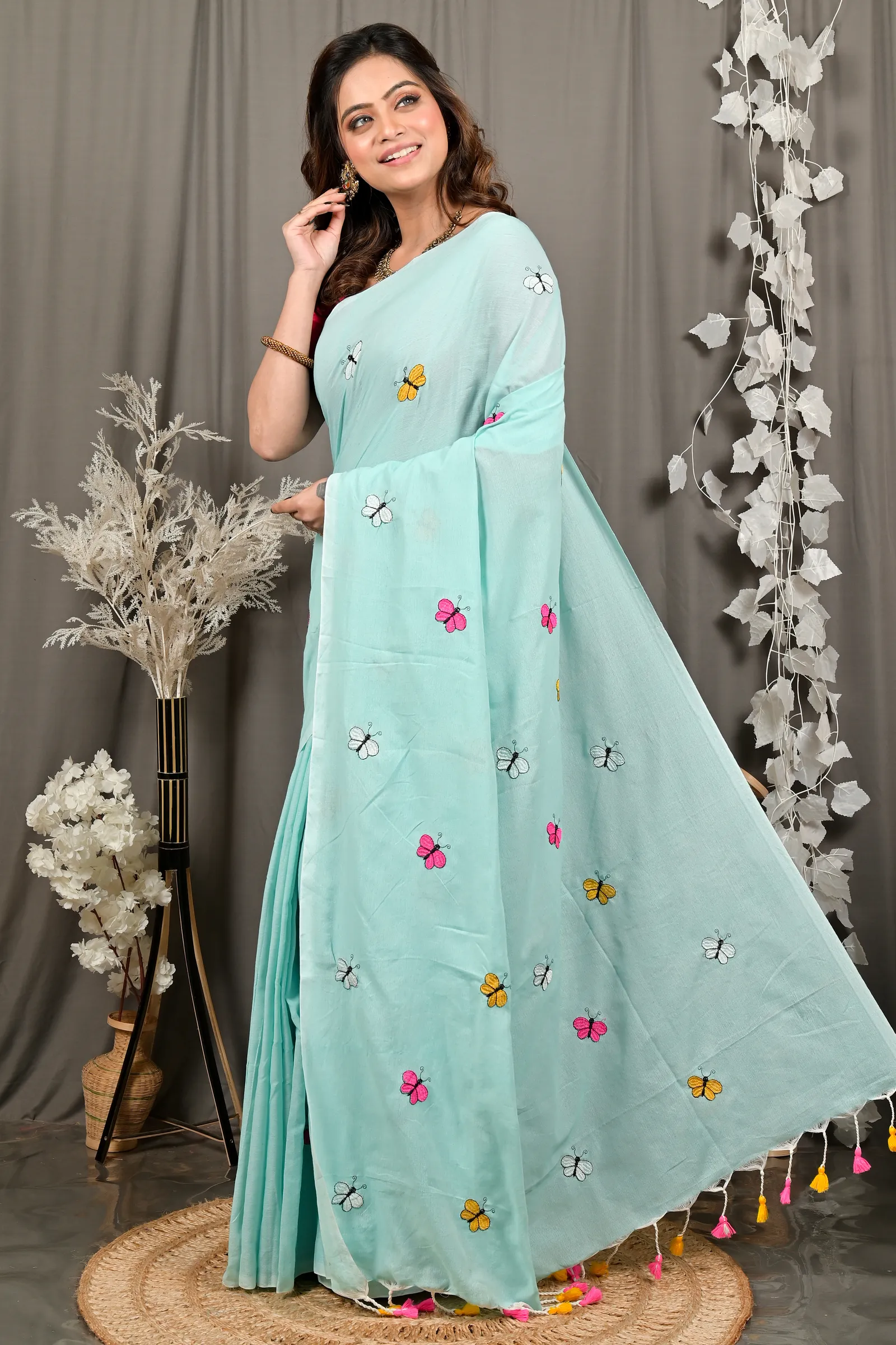 DipDiya Blended Cotton Sky Blue Foyeli Rooted in Bengal Embroidery Handloom sarees