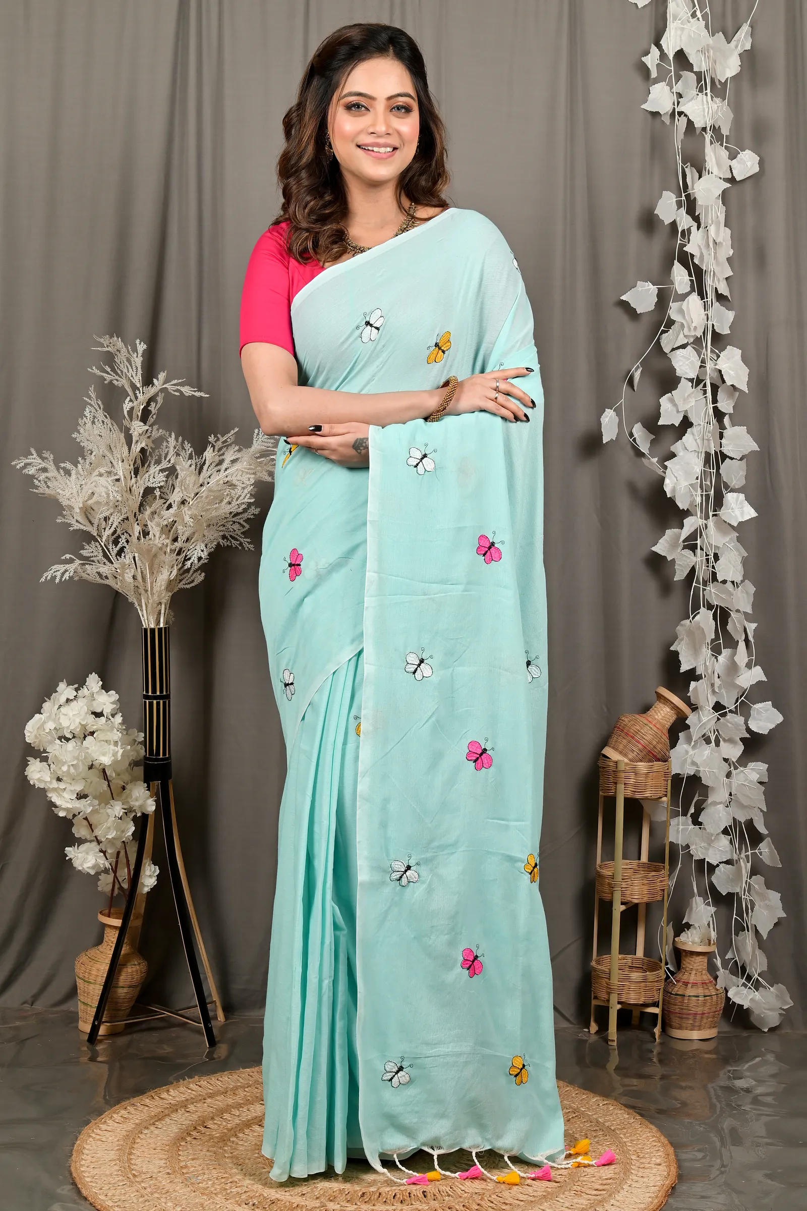 DipDiya Blended Cotton Sky Blue Foyeli Rooted in Bengal Embroidery Handloom sarees