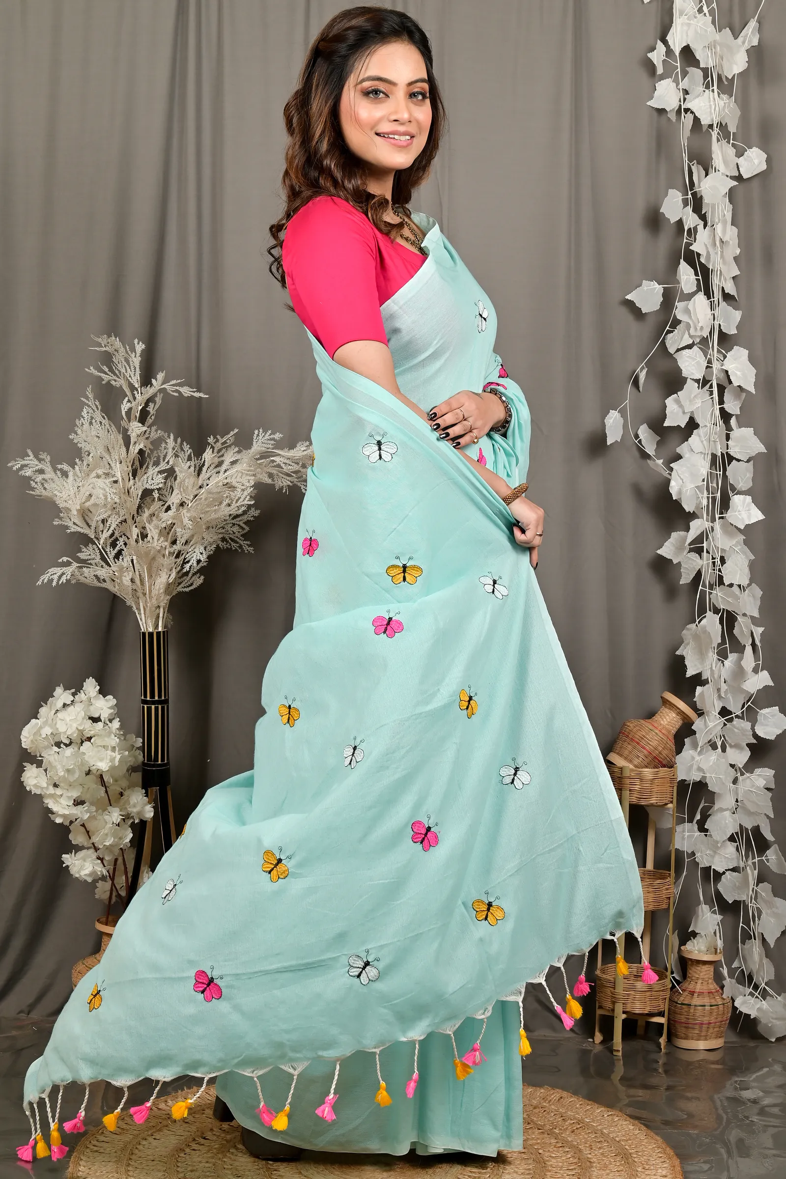 DipDiya Blended Cotton Sky Blue Foyeli Rooted in Bengal Embroidery Handloom sarees