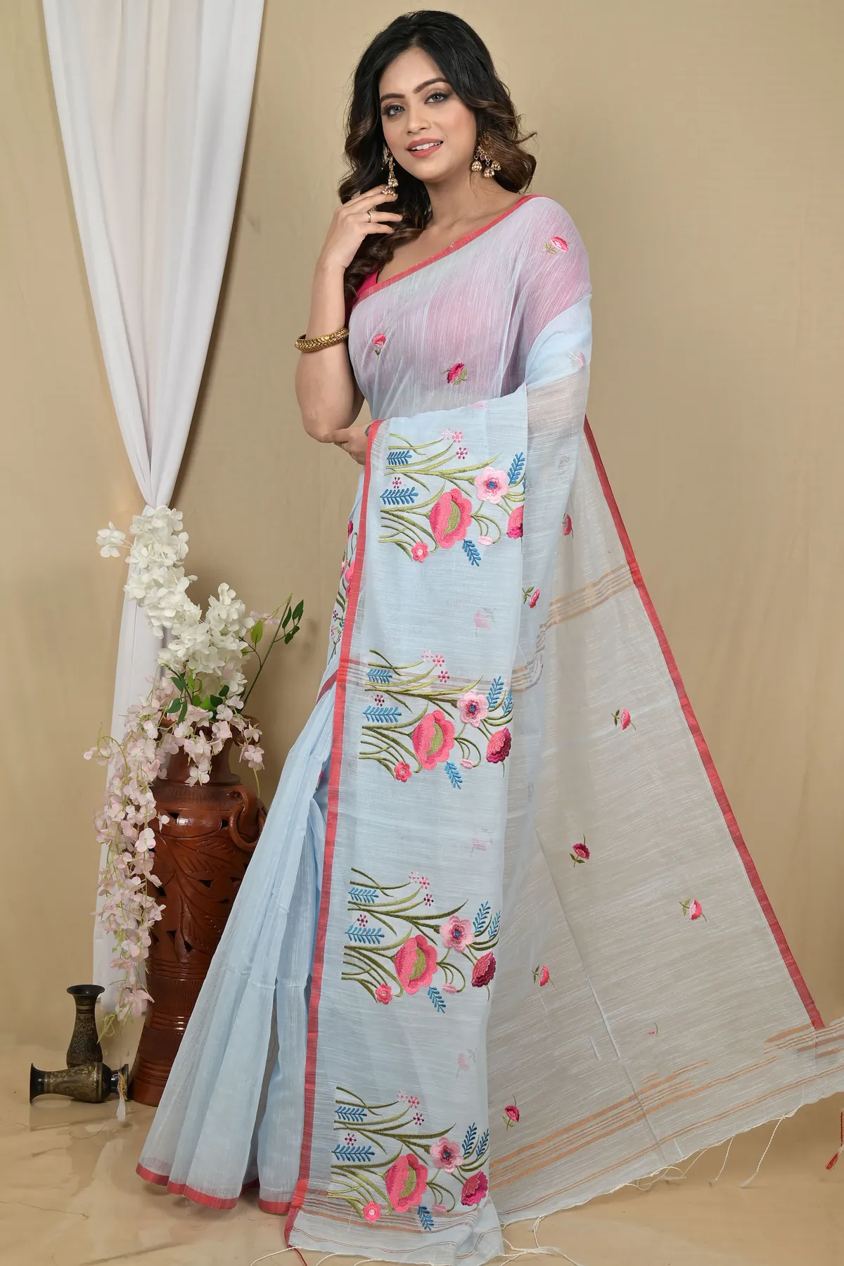 DipDiya Blended Cotton Sky Blue Himika Bengal’s Tradition Embroidery Handloom sarees