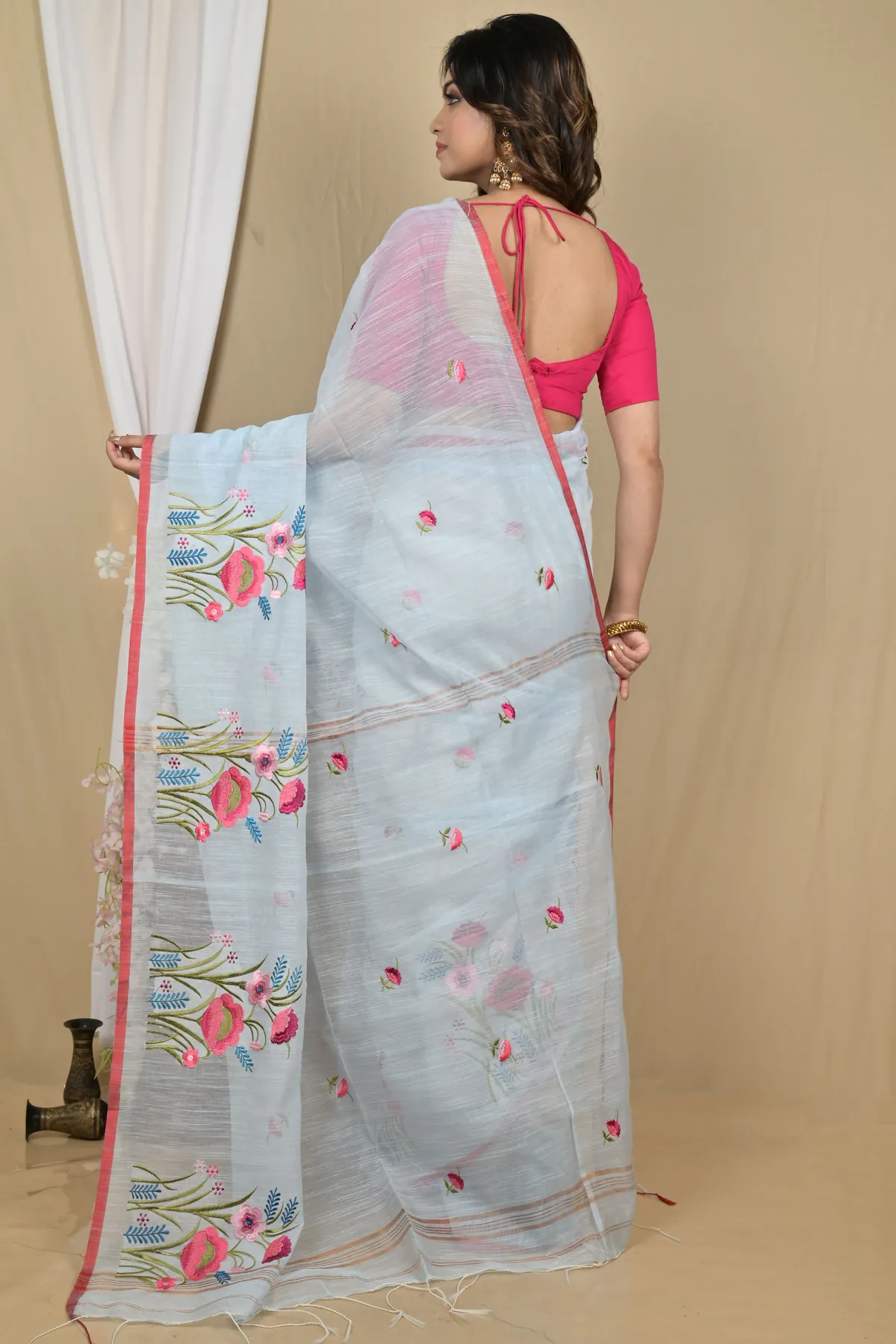 DipDiya Blended Cotton Sky Blue Himika Bengal’s Tradition Embroidery Handloom sarees