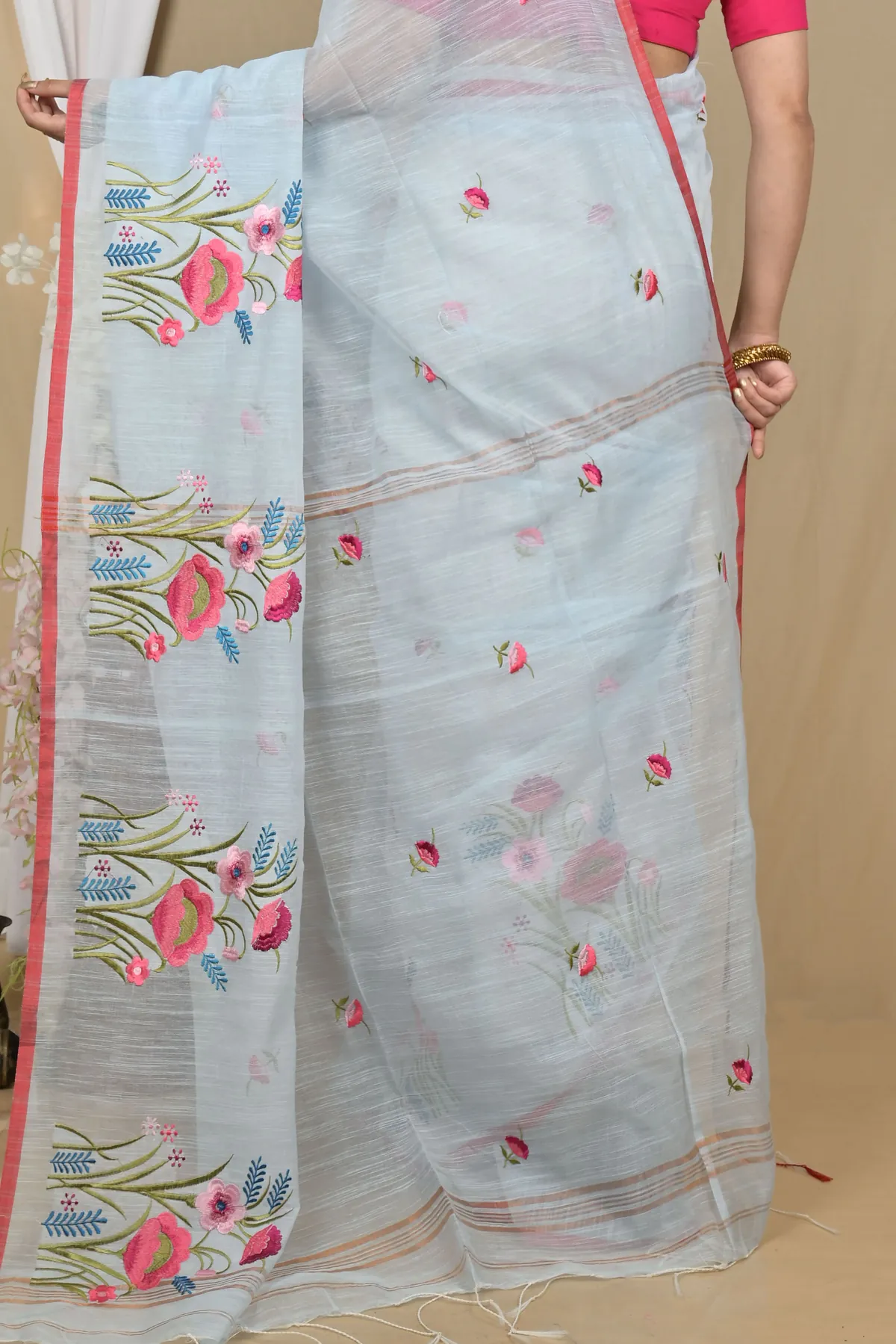 DipDiya Blended Cotton Sky Blue Himika Bengal’s Tradition Embroidery Handloom sarees