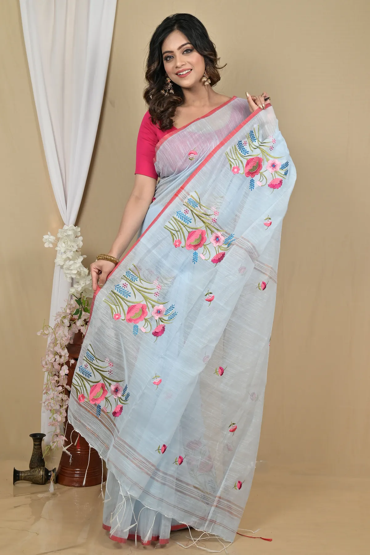 DipDiya Blended Cotton Sky Blue Himika Bengal’s Tradition Embroidery Handloom sarees