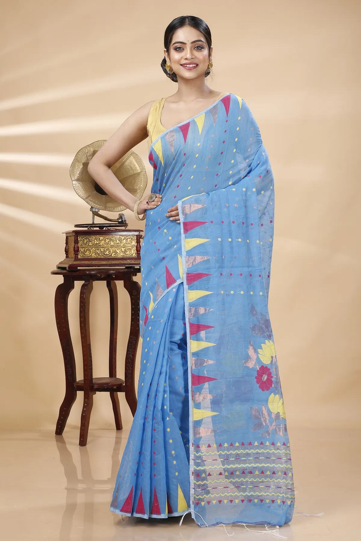 DipDiya Blended Cotton Sky Blue Pilu Stories of Bengal Handloom Sarees