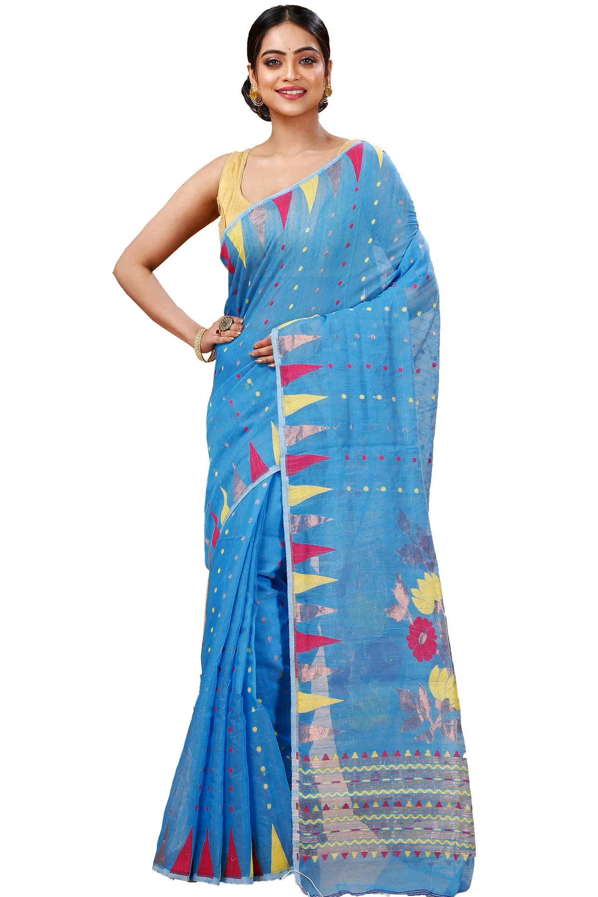 DipDiya Blended Cotton Sky Blue Pilu Stories of Bengal Handloom Sarees