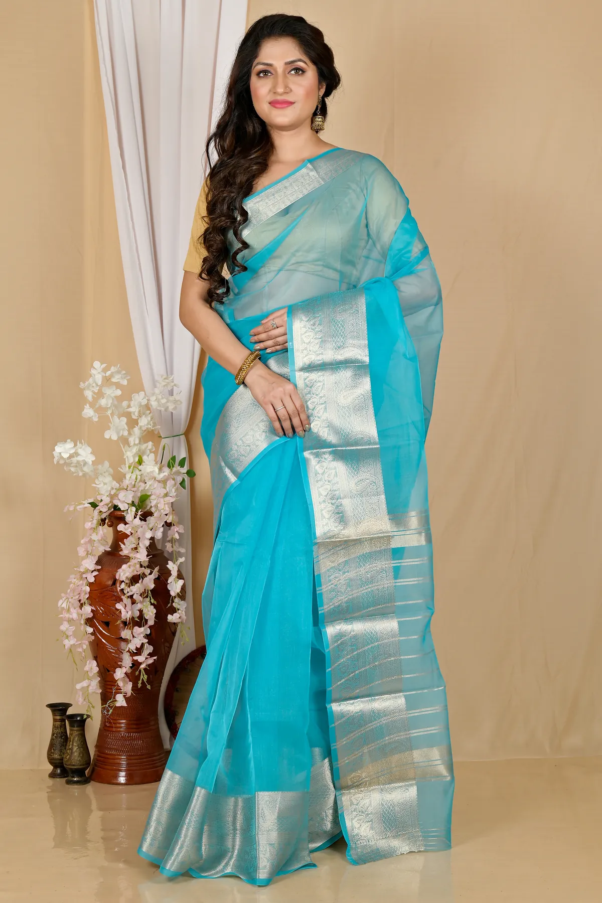 DipDiya Blended Cotton Sky Blue Sikto Traditional Elegance Handloom Sarees