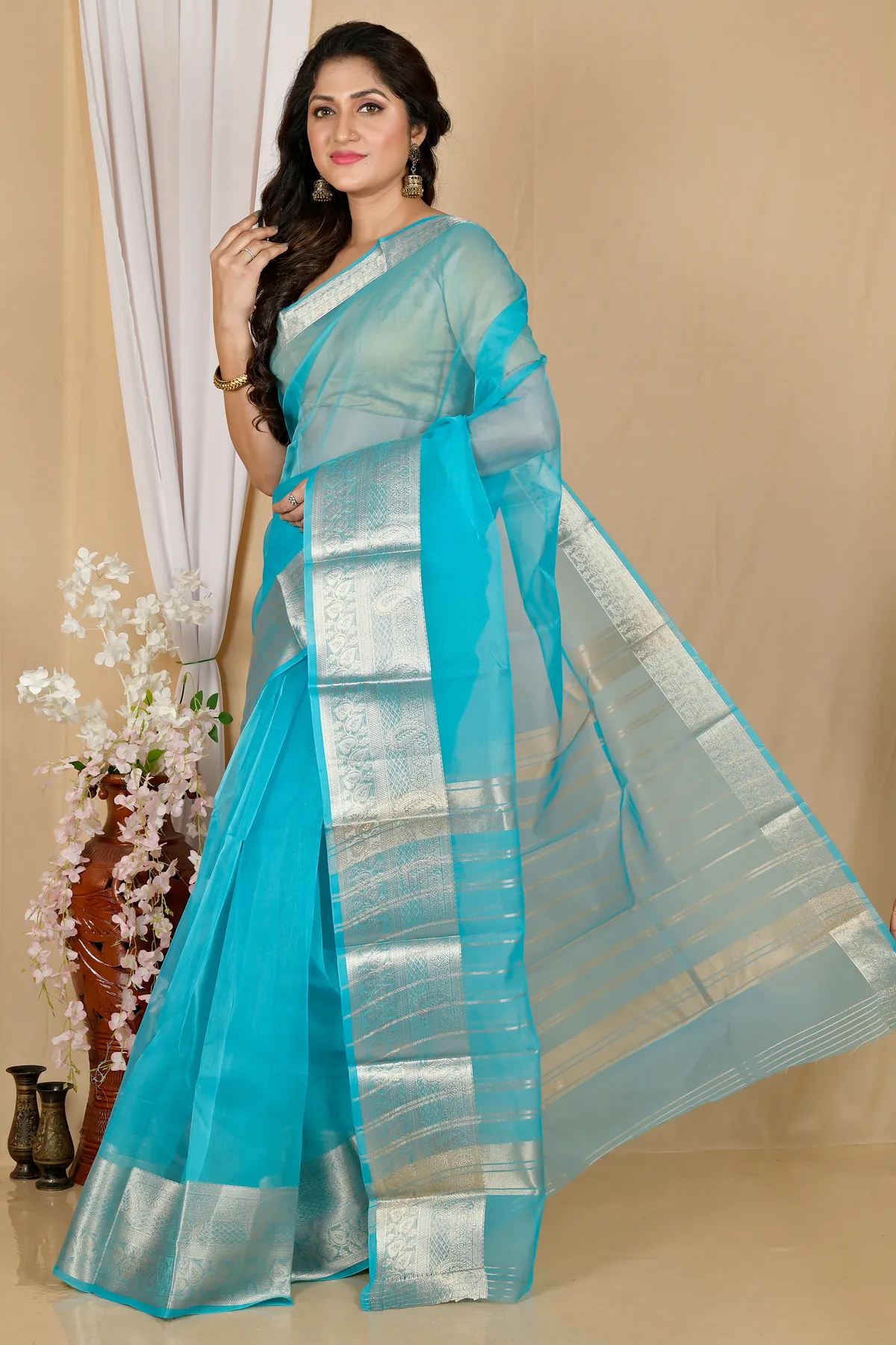 DipDiya Blended Cotton Sky Blue Sikto Traditional Elegance Handloom Sarees